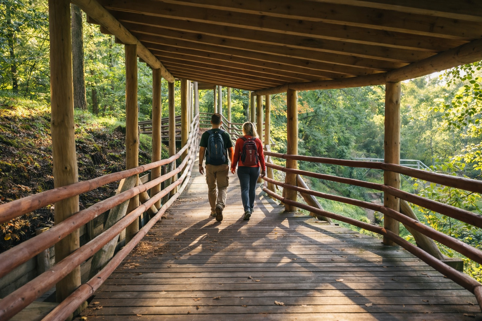 Überdachter Holzsteg im Tērvete-Naturpark mit einem Wanderpärchen, das zwischen massiven Holzpfosten und Geländern durch den grünen Wald entlanggeht, begleitet von hellem Sonnenlicht, langen Schatten und dichter Vegetation am Hang
