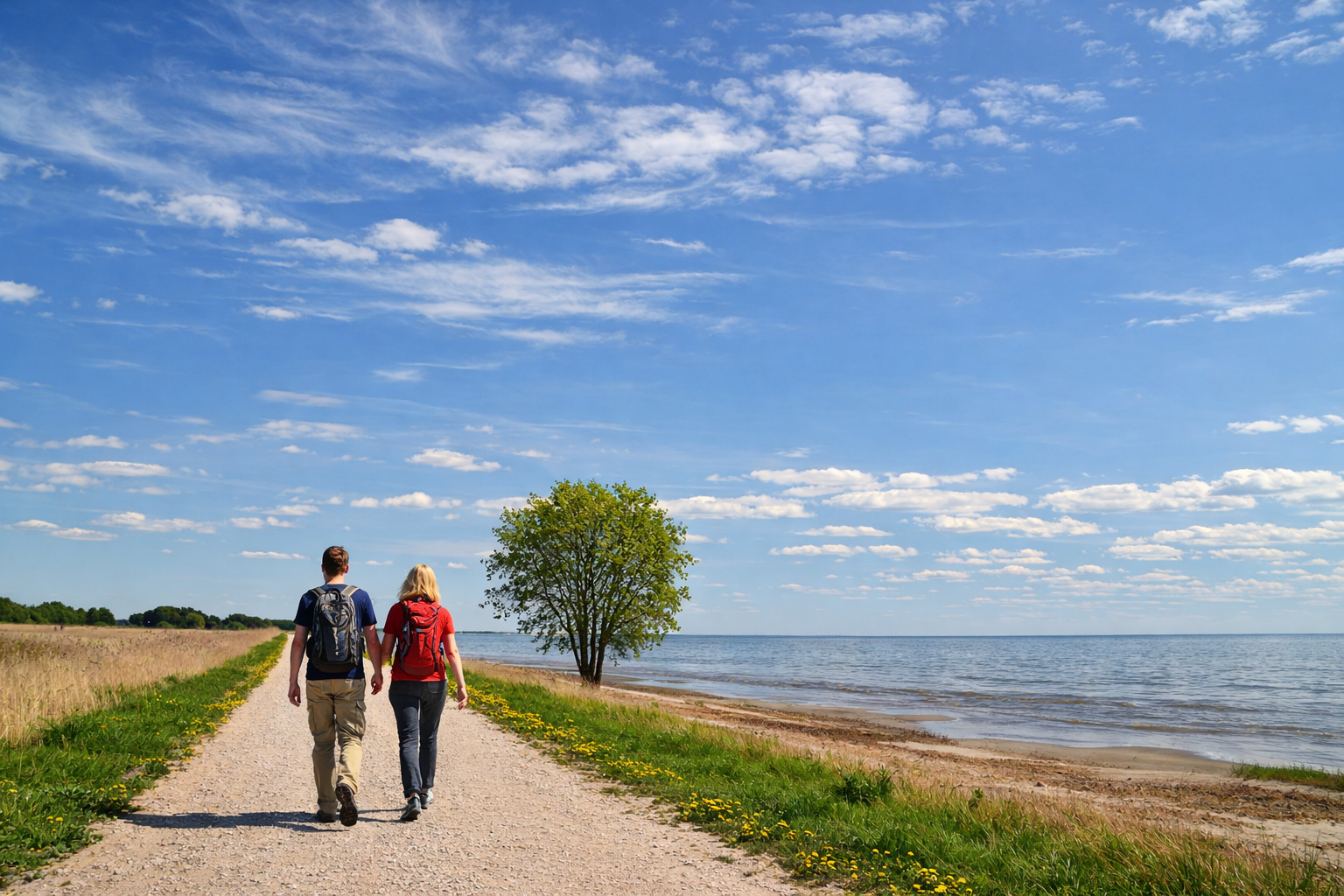 Küstenweg in Valgeranna ja Audru polder mit zwei Wanderern, die nebeneinander auf einem hellen Schotterweg am Meer entlanggehen, daneben ein einzelner grüner Baum, flaches Ufer, Wiesen und weiter Himmel mit lockeren Wolken