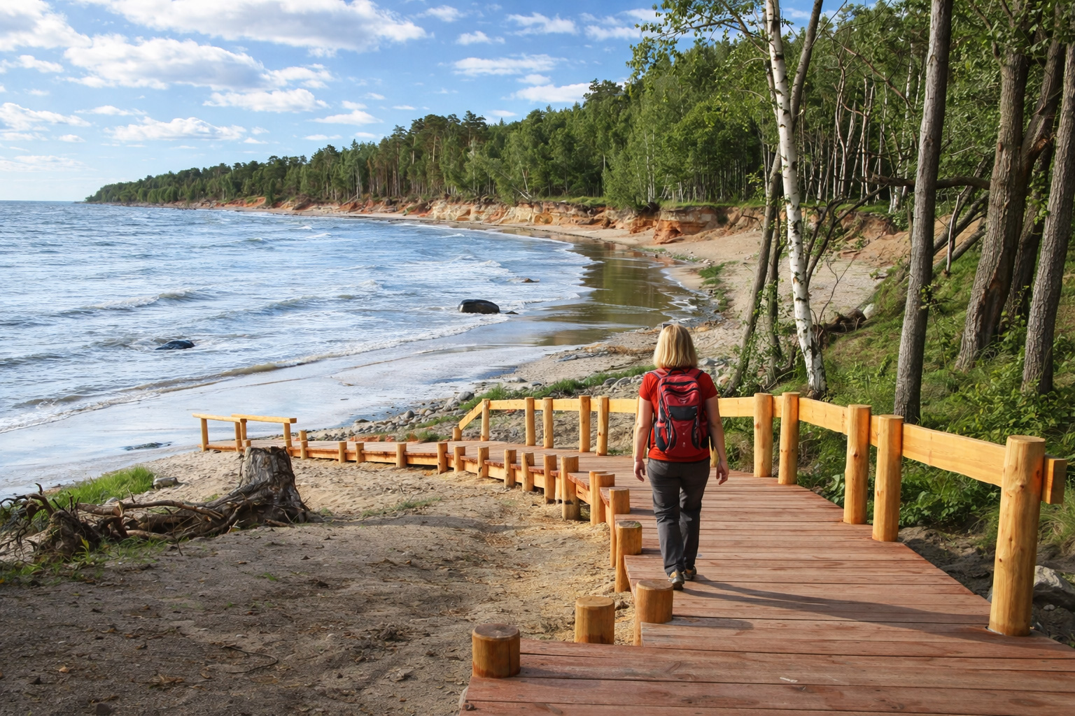 Holzsteg führt bei Veczemju klintis hinunter zu einem naturbelassenen Ostseestrand mit rotbraunen Küstenklippen, eine Wanderin läuft den Weg zwischen Birken und Kiefern in Richtung Ufer entlang, daneben Wellen, Sand und bewaldete Steilküste