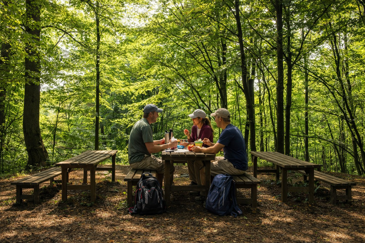 Picknickplatz im Vidzgiris-Botanischen Schutzgebiet in Litauen mit Holzbänken und Tischen in einer dichten grünen Waldlichtung, mehrere Wanderer sitzen beim Picknick zwischen hohen Laubbäumen auf dem Waldboden im warmen Sonnenlicht