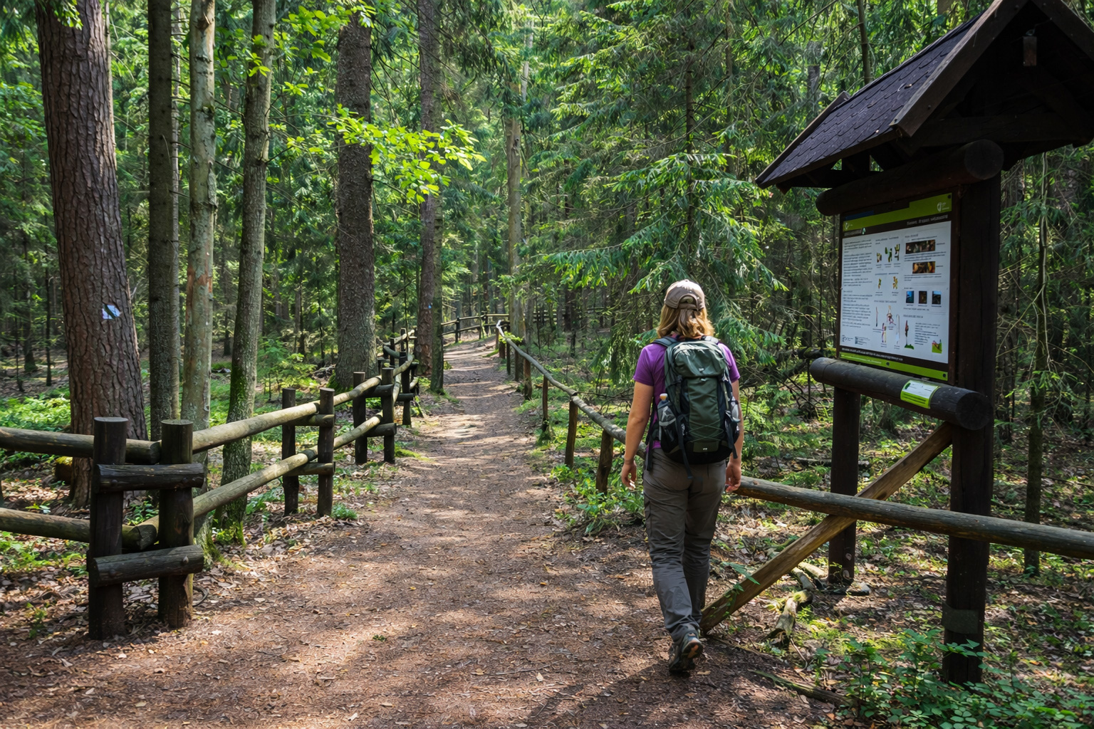Waldweg im Wigierski Park Narodowy in Polen mit hölzernen Geländern und großem Informationsschild, eine Wanderin geht durch dichten Nadelwald auf einem naturbelassenen Pfad im klaren Sonnenlicht zwischen hohen Bäumen