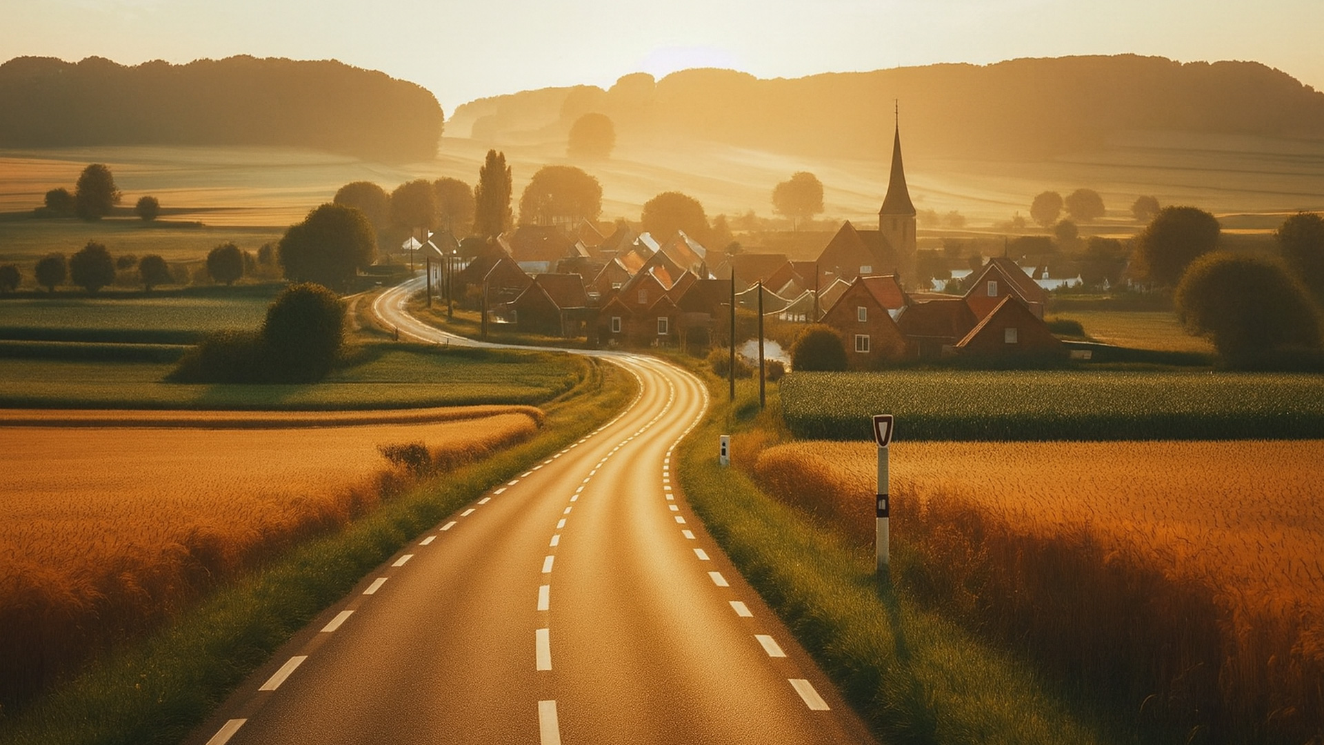 Kurvige Landstraße in Belgien führt durch Felder zu einem Dorf mit Kirche im goldenen Abendlicht.