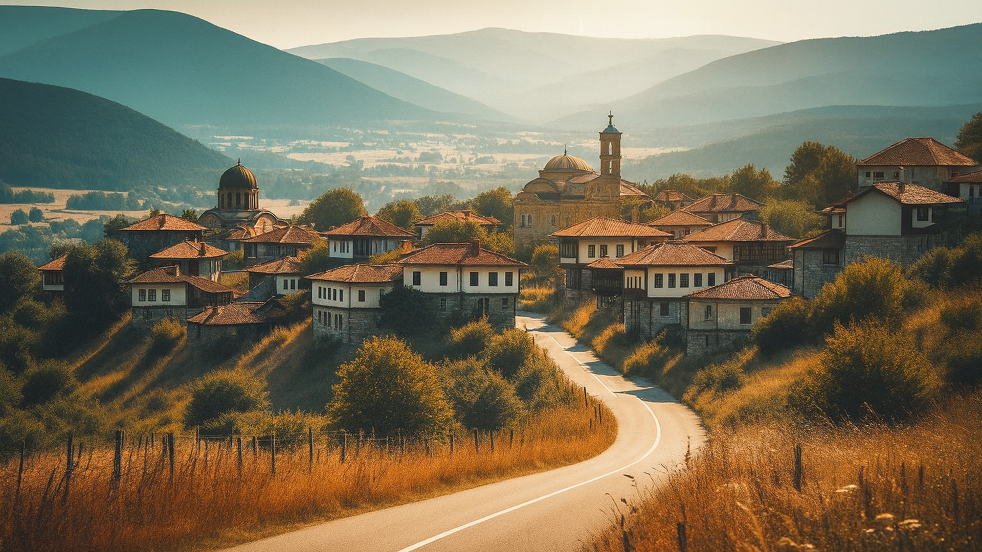 Kurvige Landstraße in Bulgarien führt zu einem Dorf mit traditioneller bulgarischer Architektur und Kirchenkuppeln inmitten der Berge.