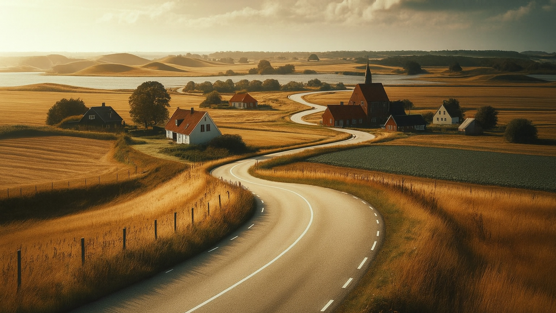 Kurvige Landstraße in Dänemark führt durch goldene Felder zu einem Dorf mit roten Häusern und Kirche im warmen Abendlicht.