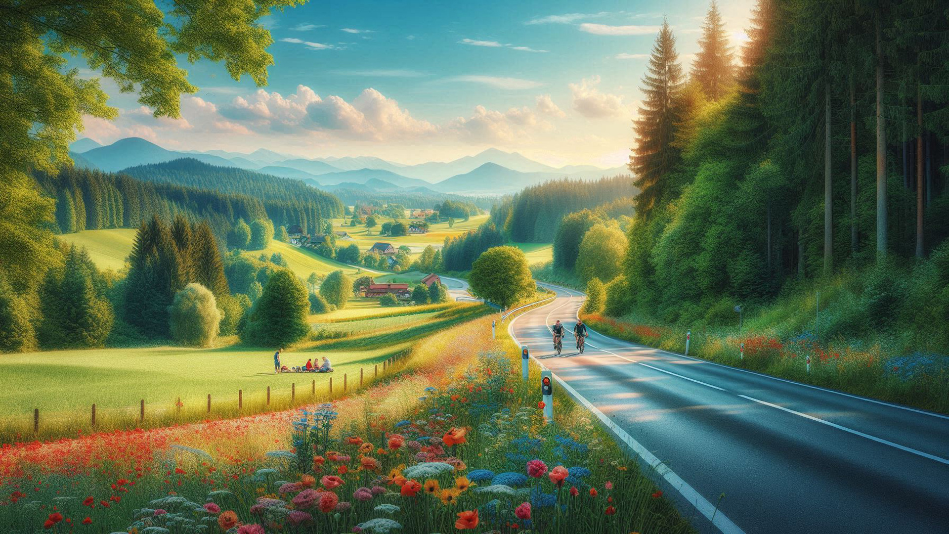 Panoramablick über eine kurvige Landstraße in Deutschland mit blühenden Wiesen, Wäldern und Bergen im Abendlicht.