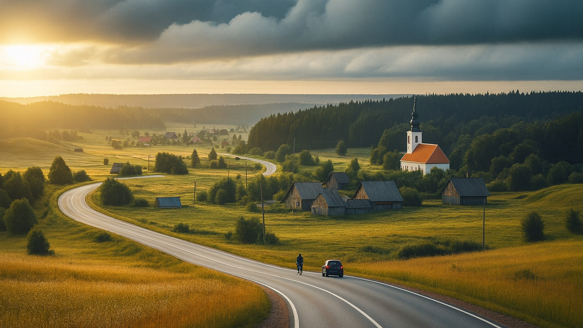 Kurvige Landstraße in Estland bei Abendlicht mit weitem Blick auf ein Dorf.