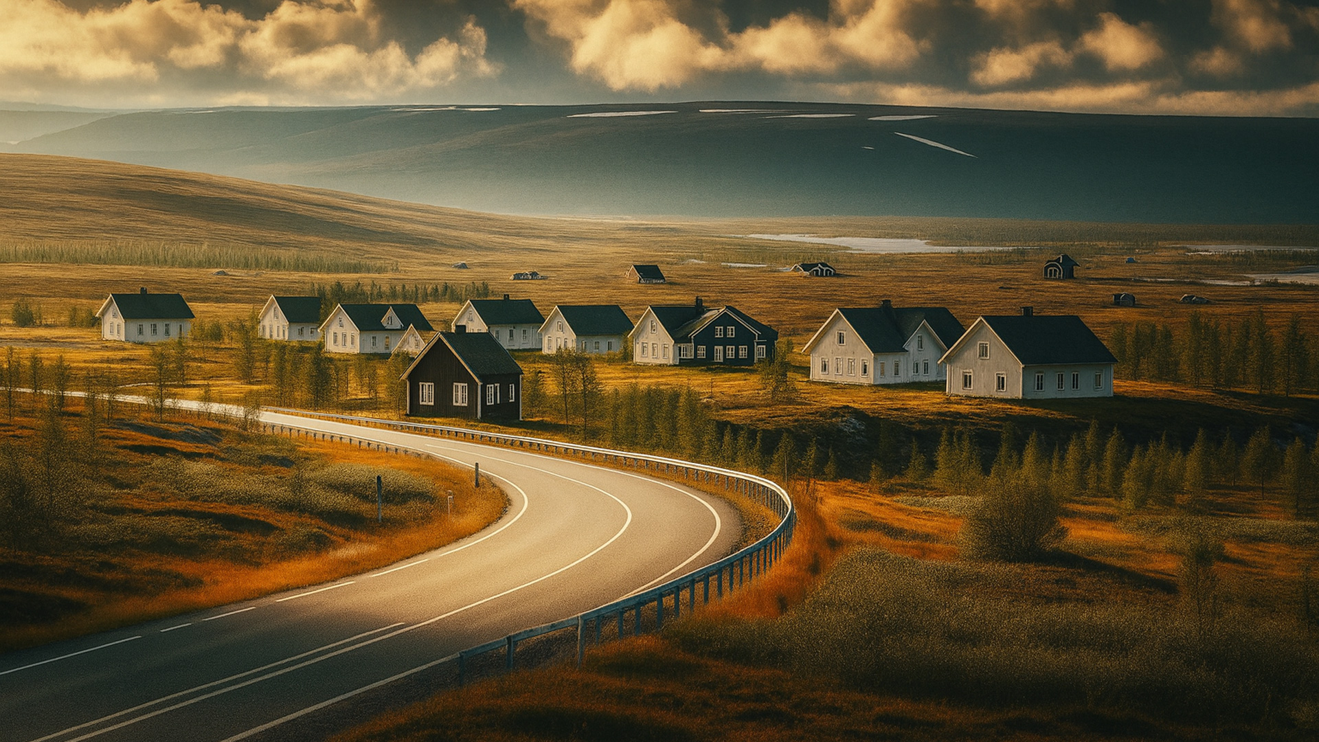 Kurvige Landstraße in Finnland führt durch weite Tundra-Landschaft zu Holzhäusern und Seen im warmen Abendlicht.