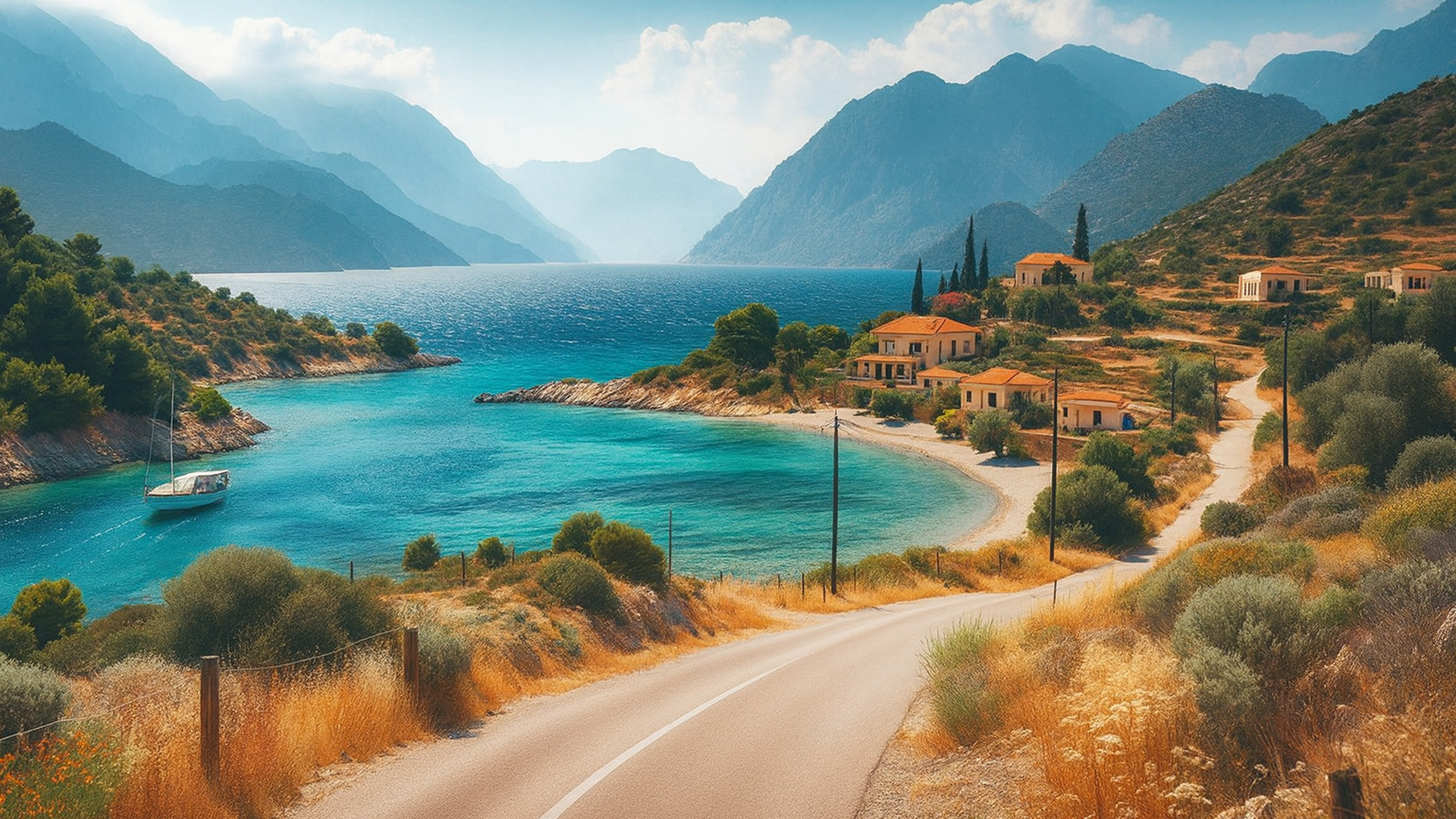 Kurvige Küstenstraße in Griechenland verläuft entlang des türkisblauen Meeres mit Häusern in traditioneller Architektur und Bergen im Hintergrund.