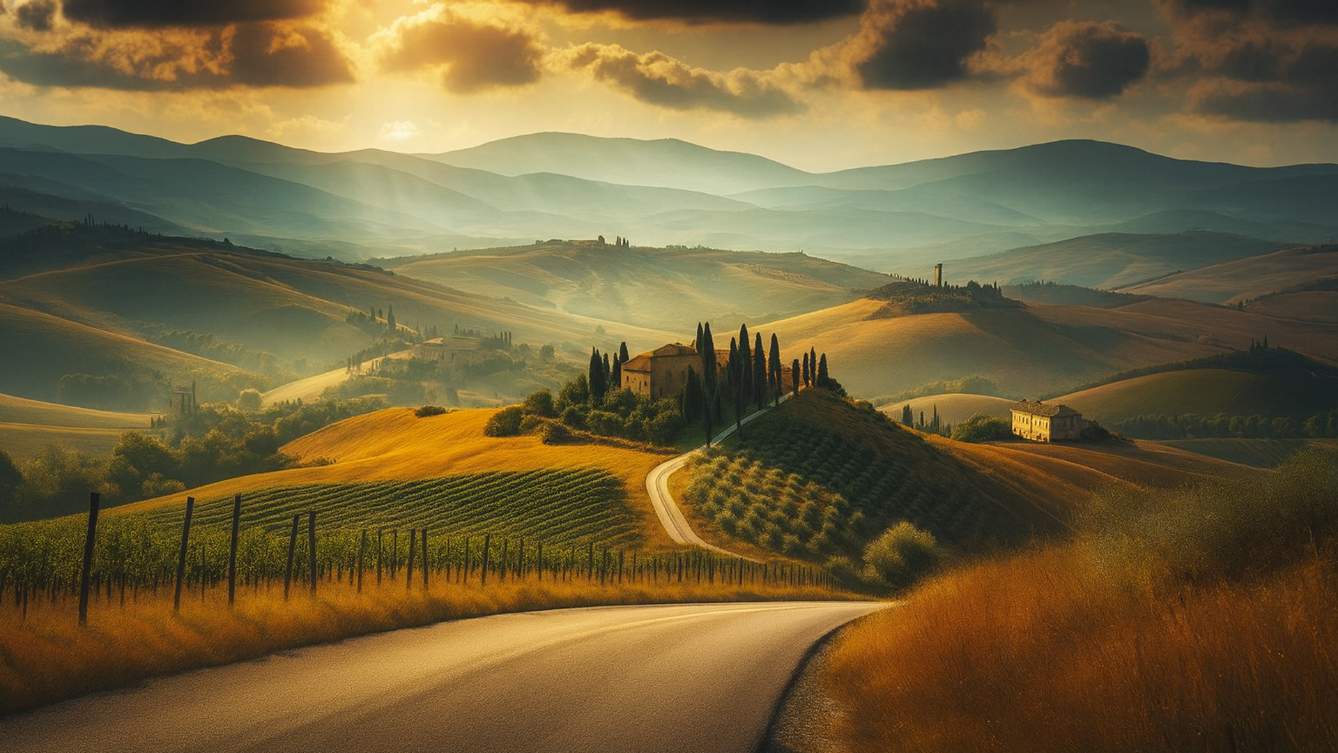 Kurvige Landstraße in der Toskana führt durch Weinberge und Zypressenalleen zu traditionellen Villen inmitten sanfter Hügel im Abendlicht.