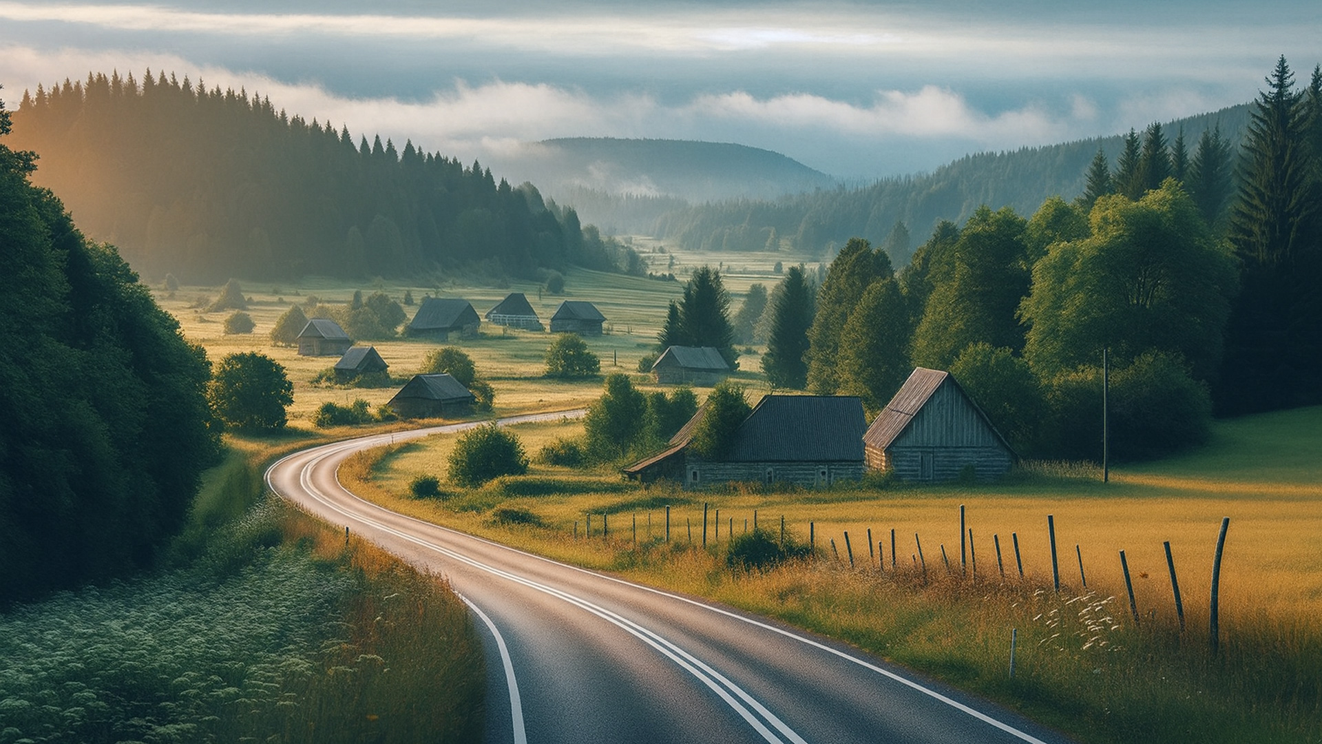 Kurvige Landstraße in Slawonien, Kroatien führt durch Felder und Wälder zu verstreuten Holzhäusern in sanfter Abendstimmung.