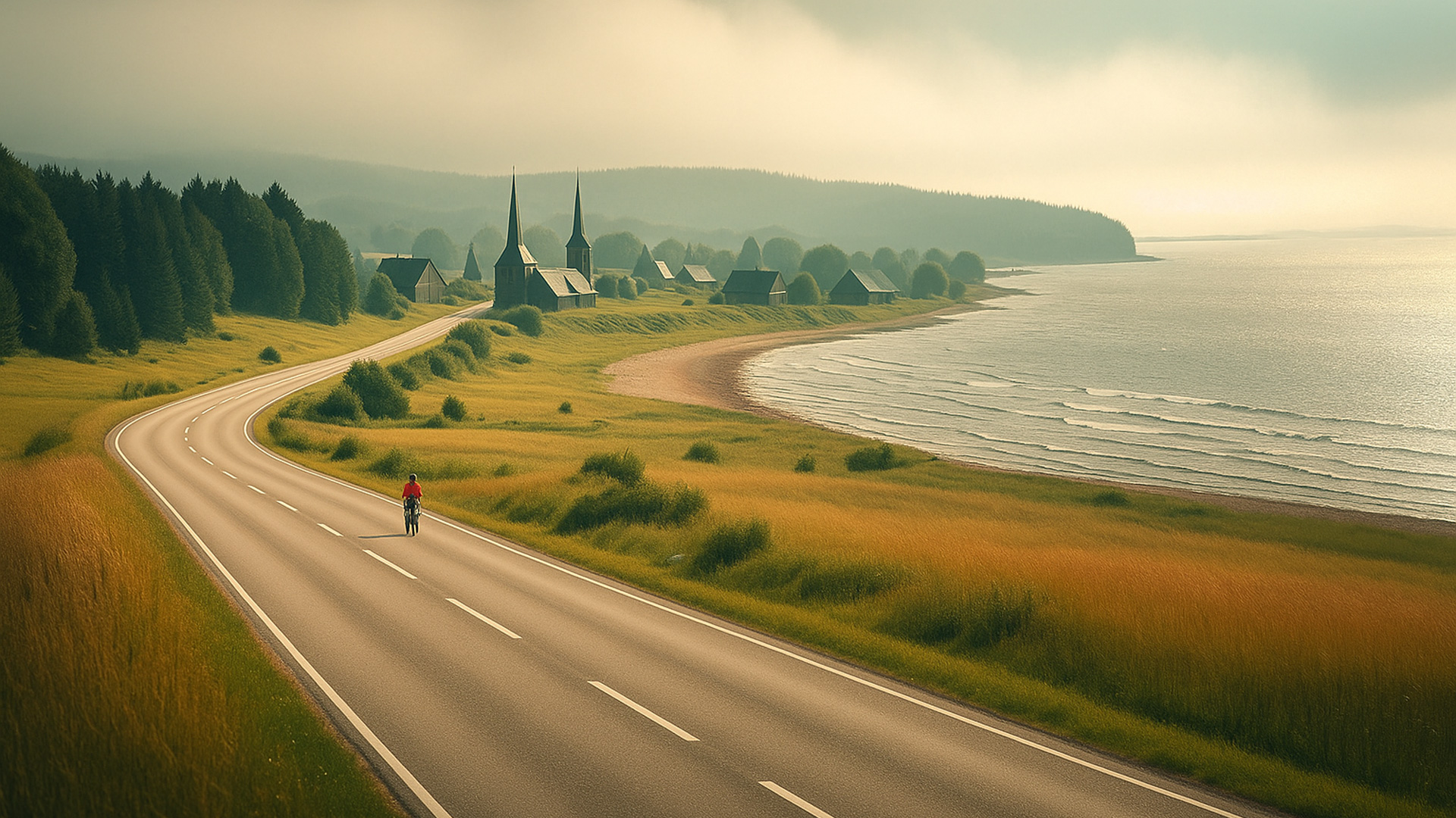 Küstenlandschaft in Lettland mit kurviger Landstraße, Dorf im Hintergrund.