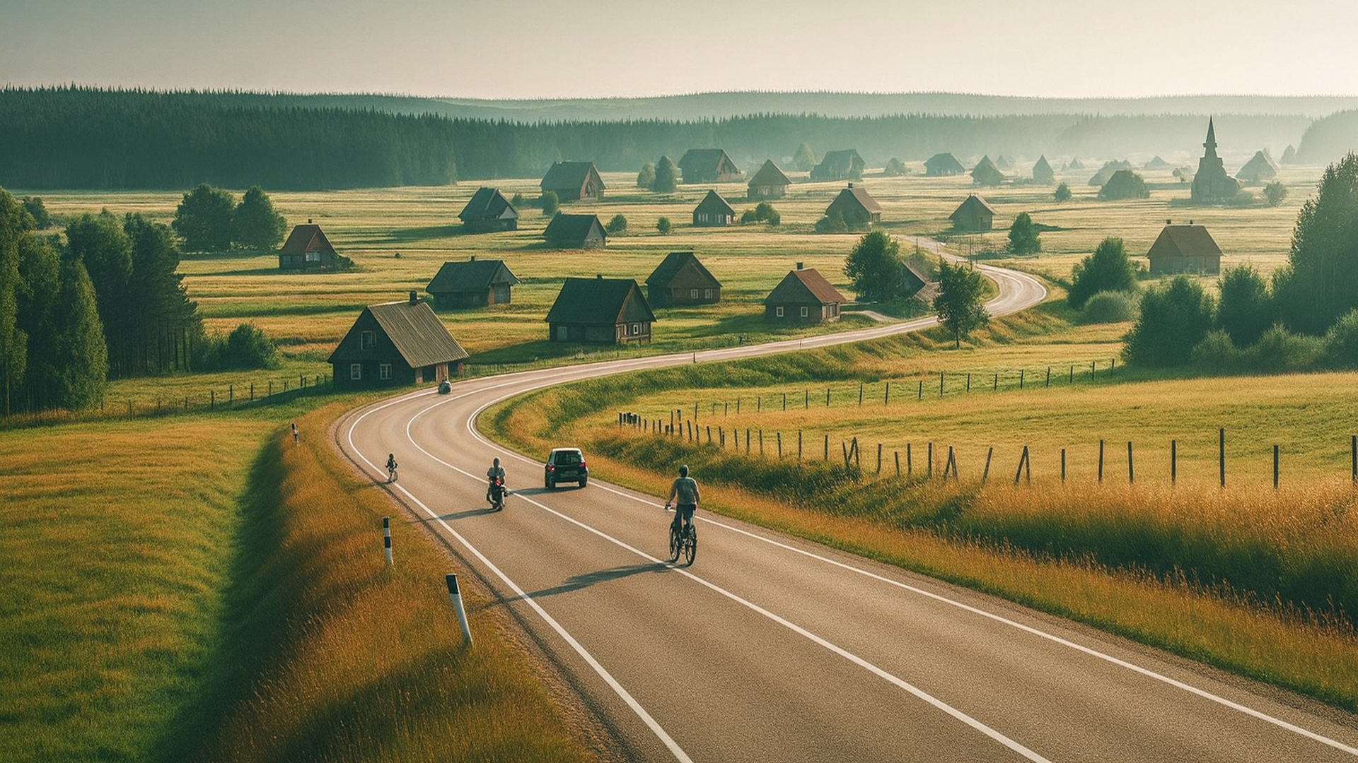Kurvige Landstraße in Litauen mit verstreuten Holzhäusern in lettischer Dorf-Architektur.
