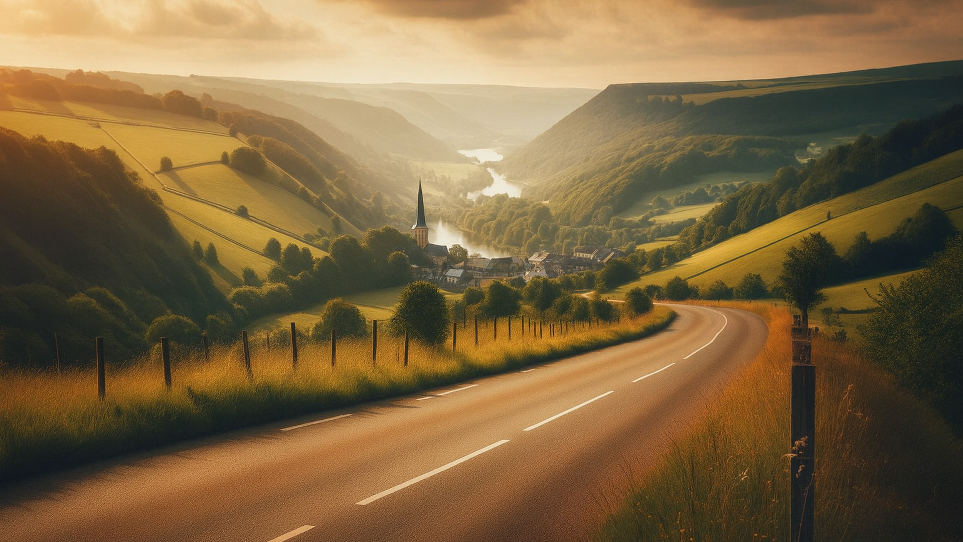Kurvige Landstraße in Luxemburg führt durch grüne Hügel zu einem Dorf mit Kirche im Tal entlang eines Flusses im Abendlicht.