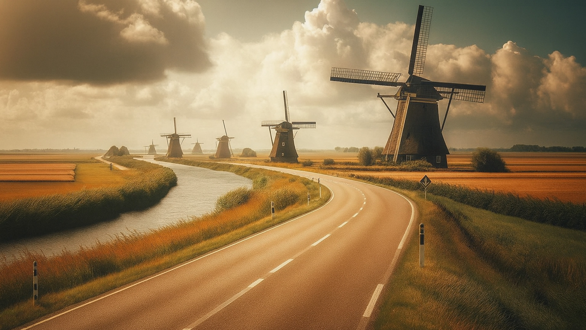 Kurvige Landstraße in den Niederlanden verläuft entlang eines Kanals mit historischen Windmühlen und Feldern im warmen Abendlicht.