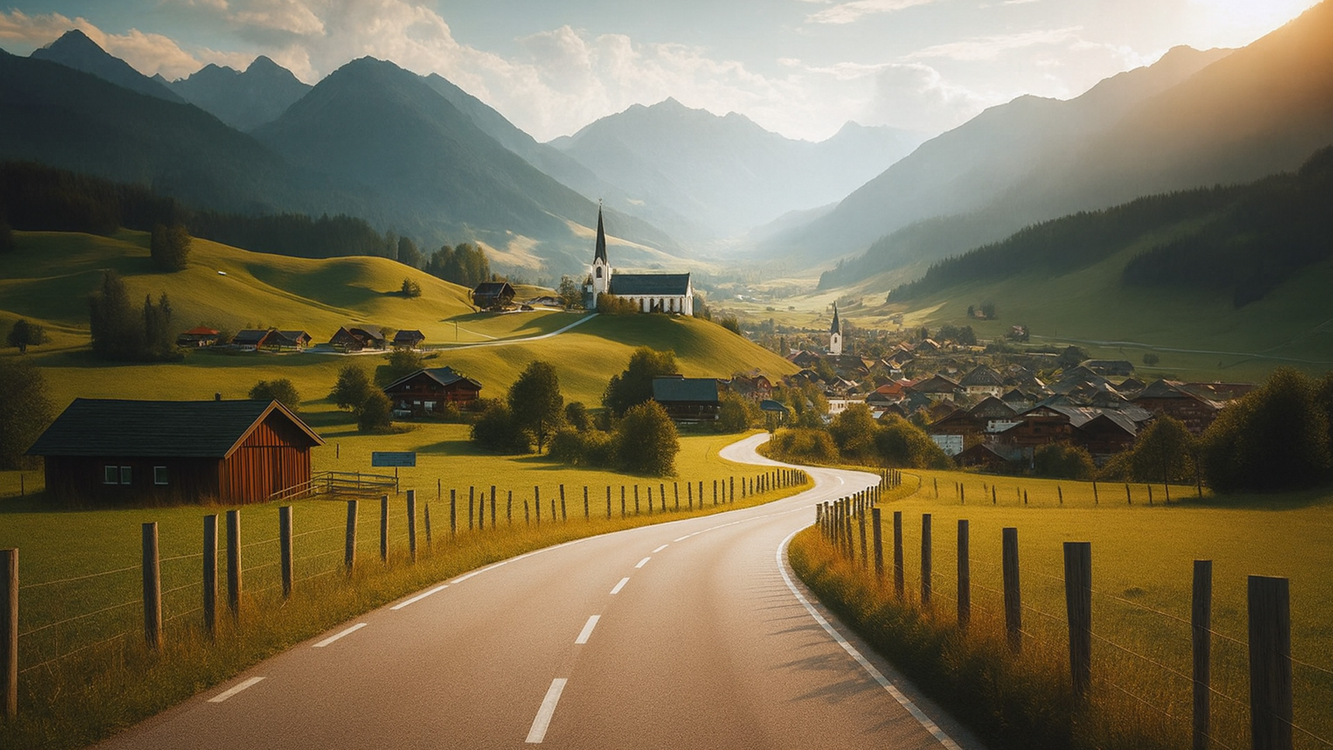 Kurvige Landstraße in Österreich führt durch grüne Hügel zu einem Alpendorf mit Kirche und traditionellen Häusern im warmen Abendlicht.