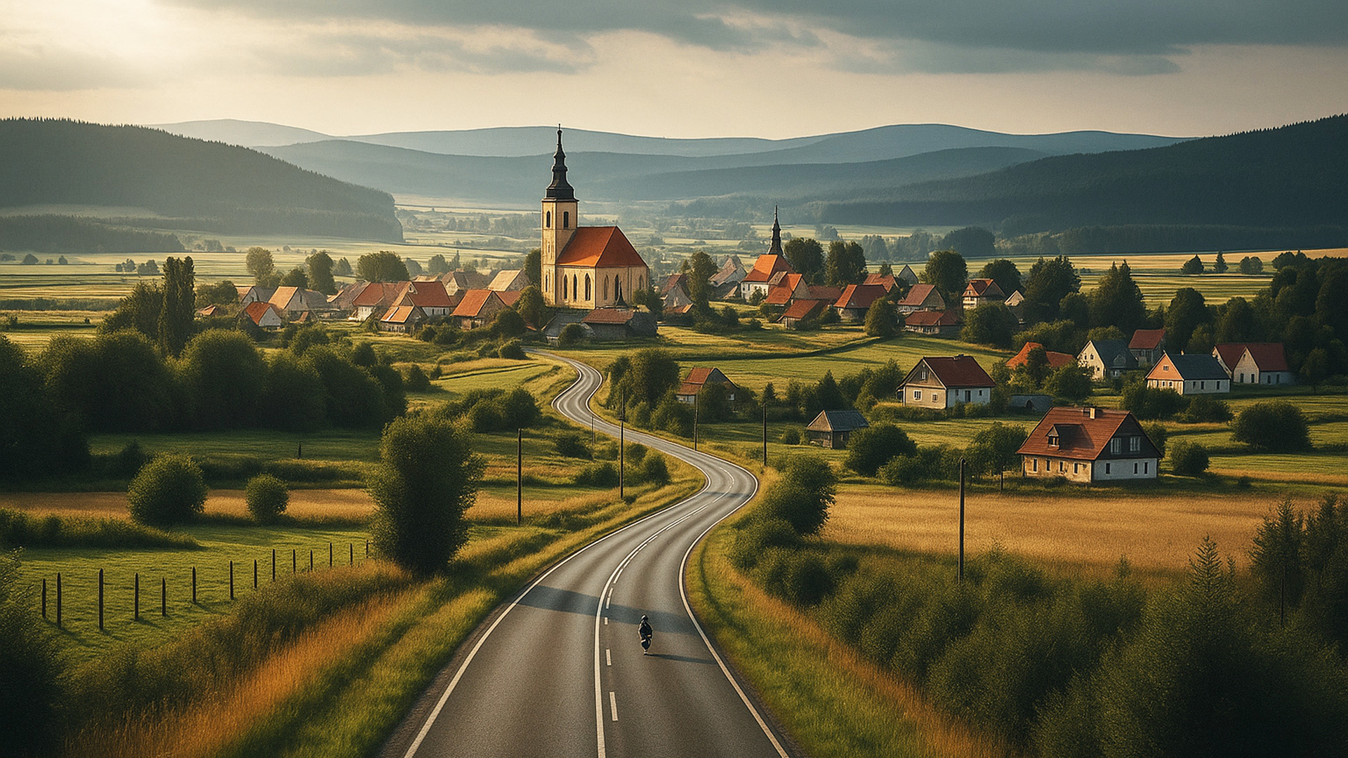 Kurvige Landstraße in Polen führt durch Felder zu einem Dorf mit Kirche und roten Dächern, eingebettet in eine hügelige Landschaft im Abendlicht.