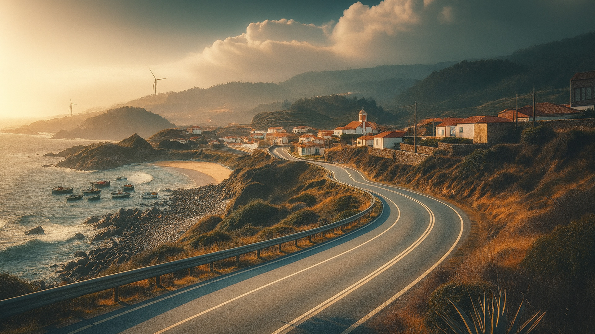 Kurvige Küstenstraße in Portugal führt entlang des Meeres zu einem Dorf mit roten Dächern und Kirche im warmen Abendlicht.