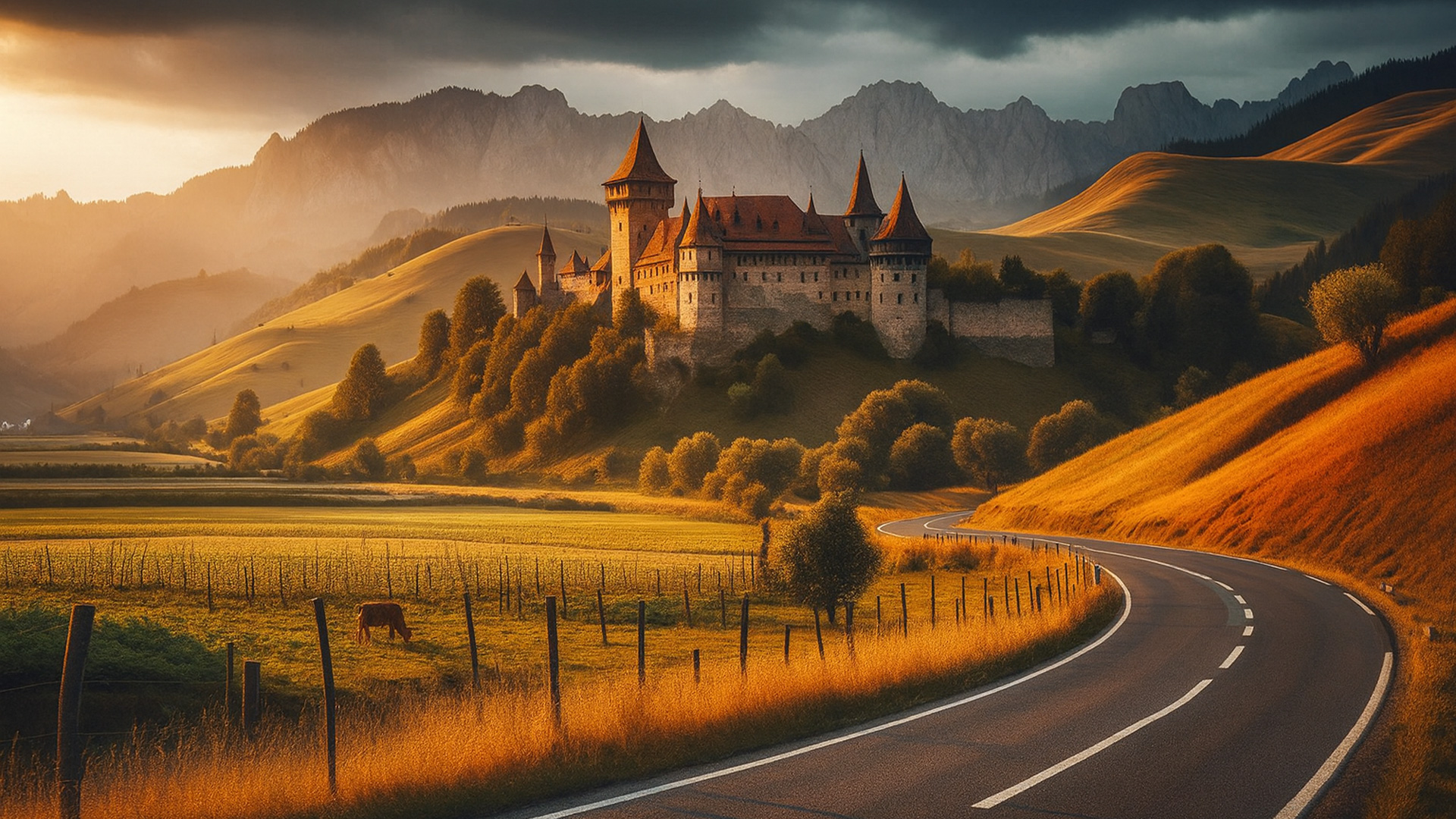 Kurvige Landstraße in Rumänien führt durch Felder zu einer Burg mit Türmen und roten Dächern in den Karpaten, im Abendlicht.
