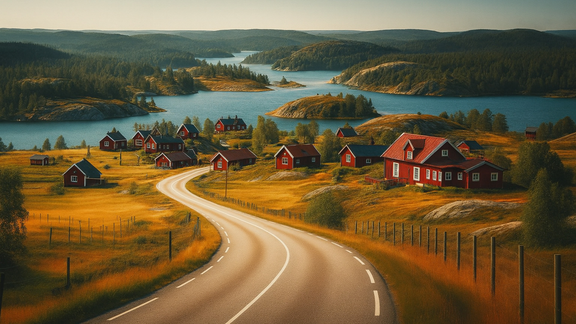 Kurvige Landstraße in Schweden führt entlang von Seen und roten Holzhäusern, eingebettet in Wälder im warmen Abendlicht.