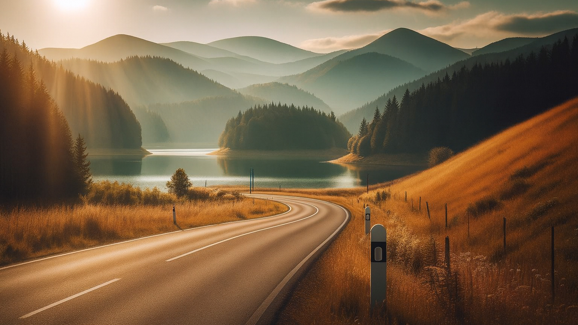 Kurvige Landstraße in der Slowakei führt am See entlang, eingerahmt von Wäldern und Bergen im warmen Abendlicht.
