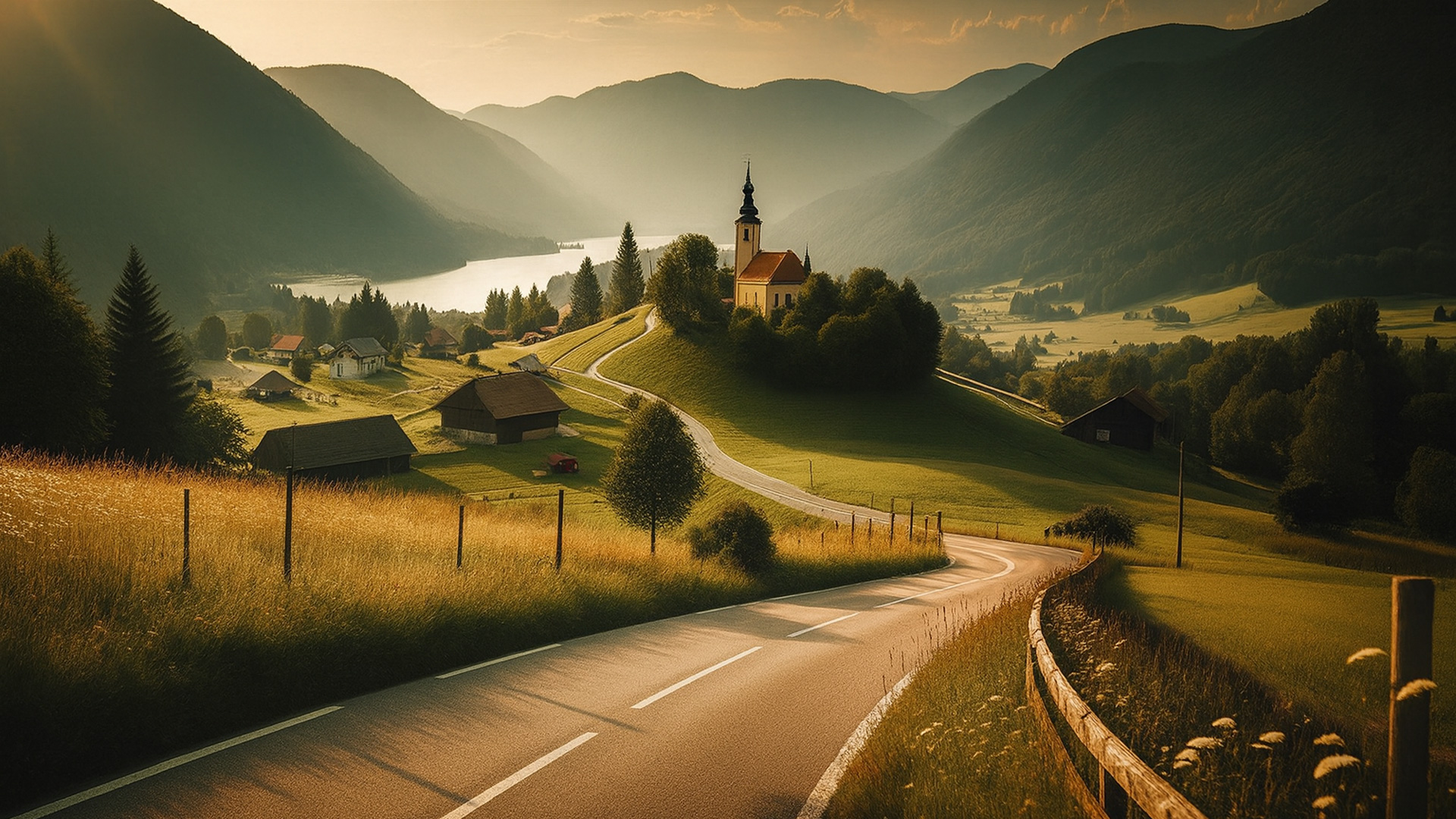 Kurvige Landstraße in Slowenien führt durch ein Tal mit traditionellen Häusern und Kirche auf einem Hügel, umgeben von Bergen im Abendlicht.