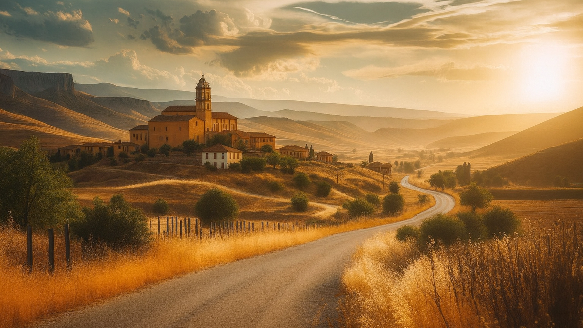 Kurvige Landstraße in Spanien führt durch Felder und Hügel zu einem Dorf mit Kirche im warmen Abendlicht.
