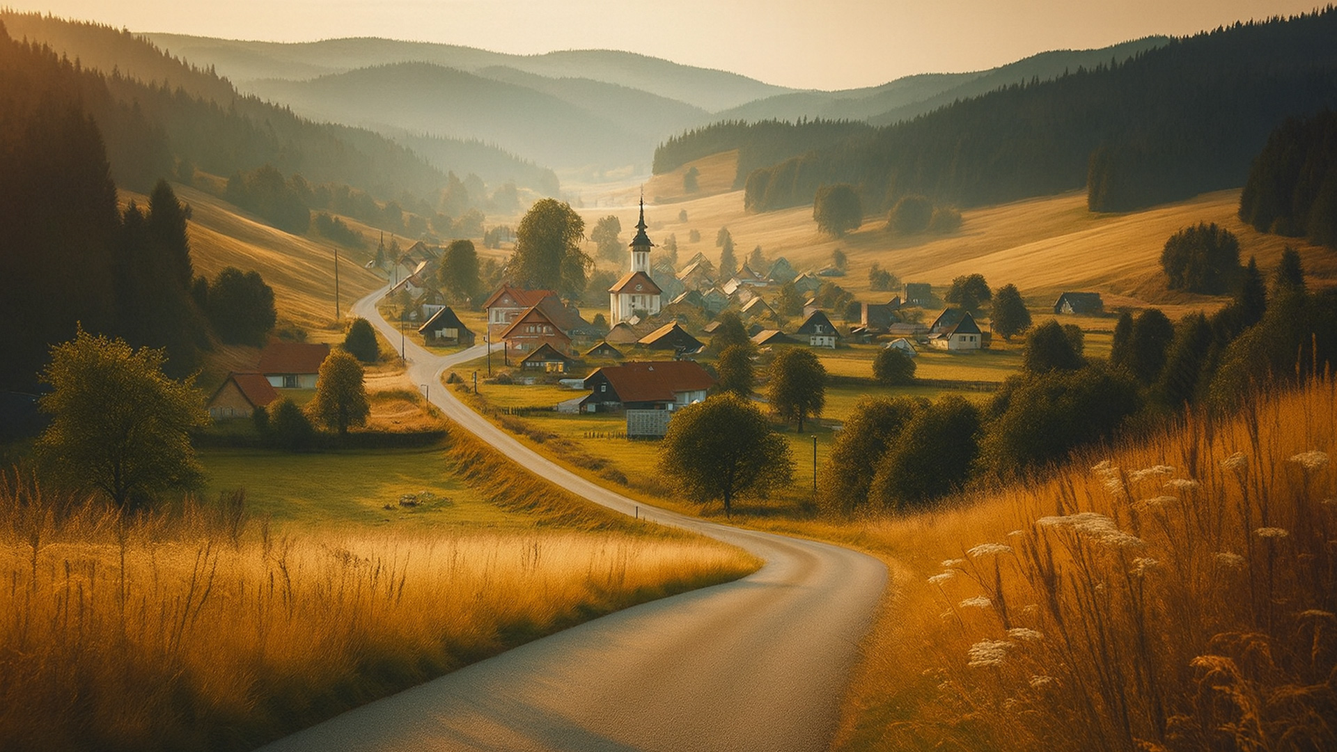 Kurvige Landstraße in Tschechien führt durch goldene Felder zu einem Dorf mit Kirche und traditionellen Häusern im Abendlicht.