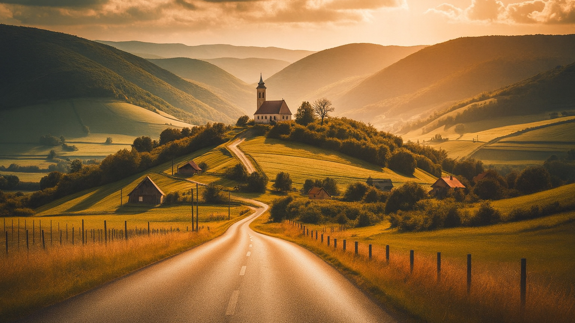 Kurvige Landstraße in Ungarn führt durch Felder und Hügel zu einem Dorf mit Kirche auf einem Hügel im warmen Abendlicht.