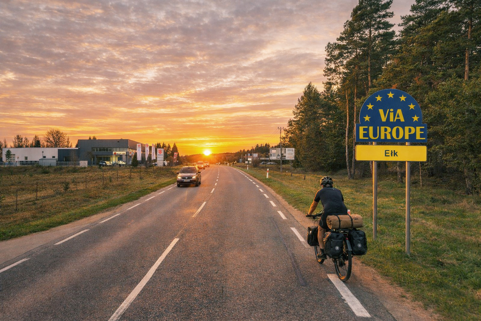 Der Ortseingang zu Ełk bei Sonnenuntergang