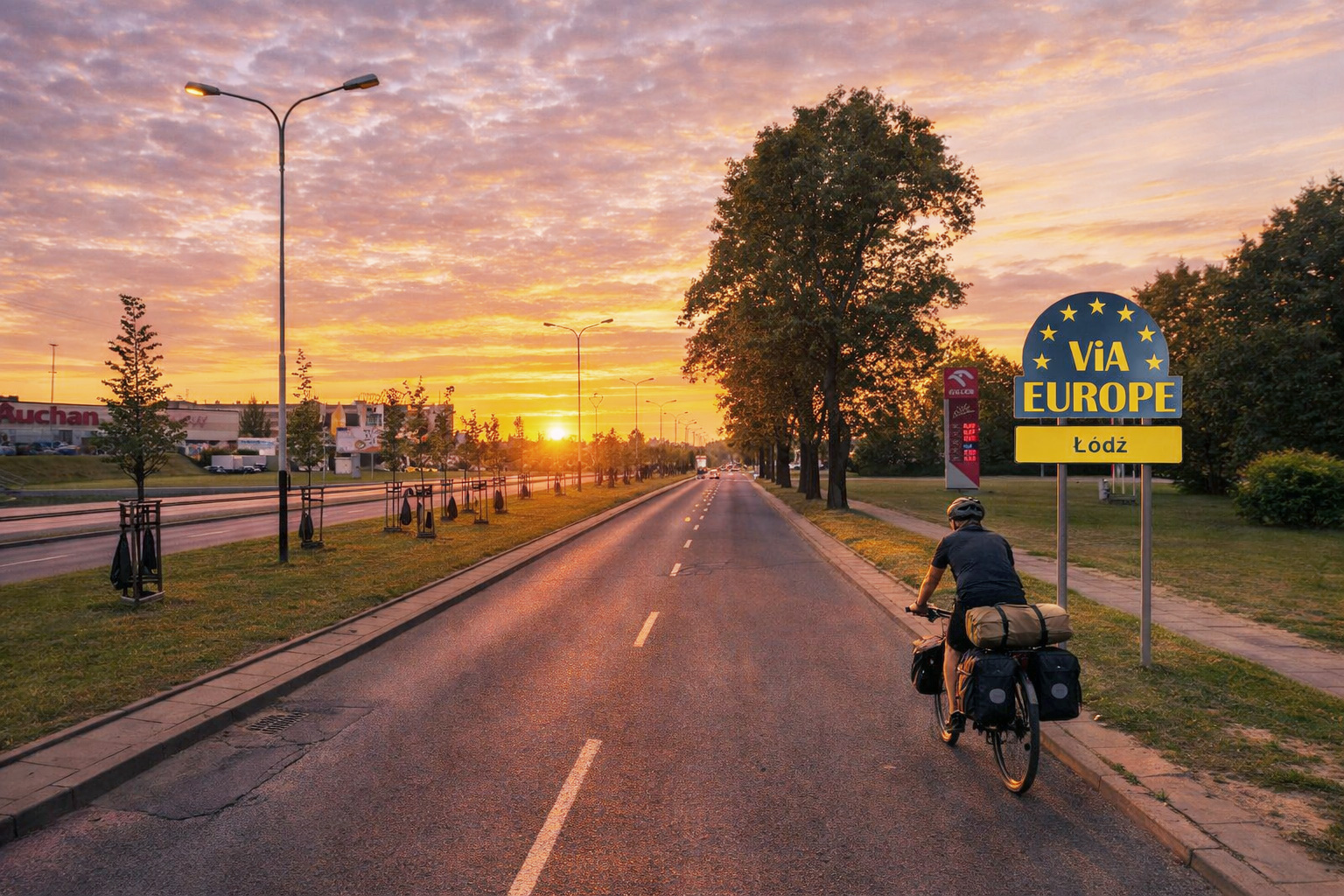 Der Ortseingang zu Łódź bei Sonnenuntergang