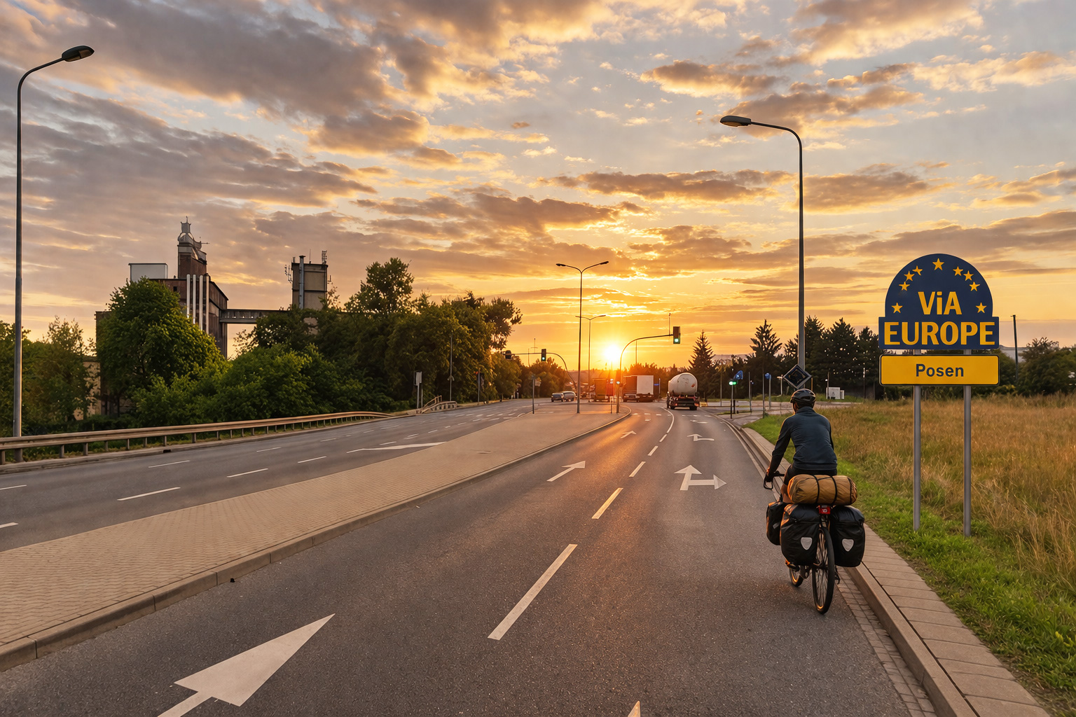 Der Ortseingang zu Posen bei Sonnenuntergang