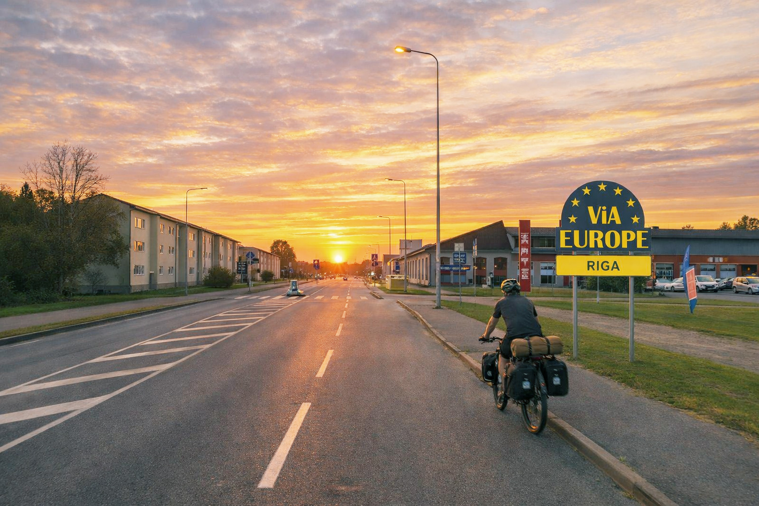 Der Ortseingang zu Riga bei Sonnenuntergang