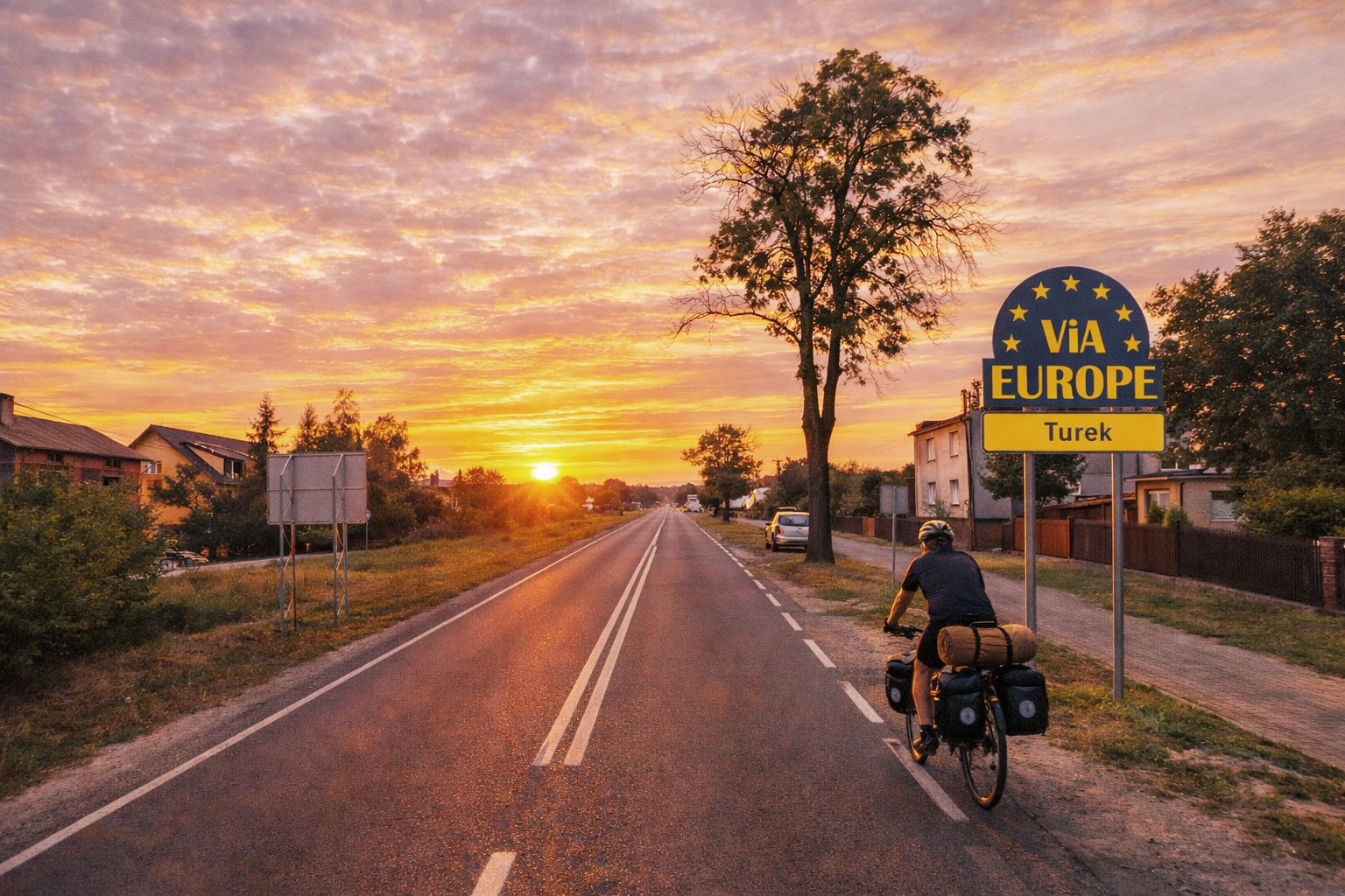 Der Ortseingang zu Turek bei Sonnenuntergang