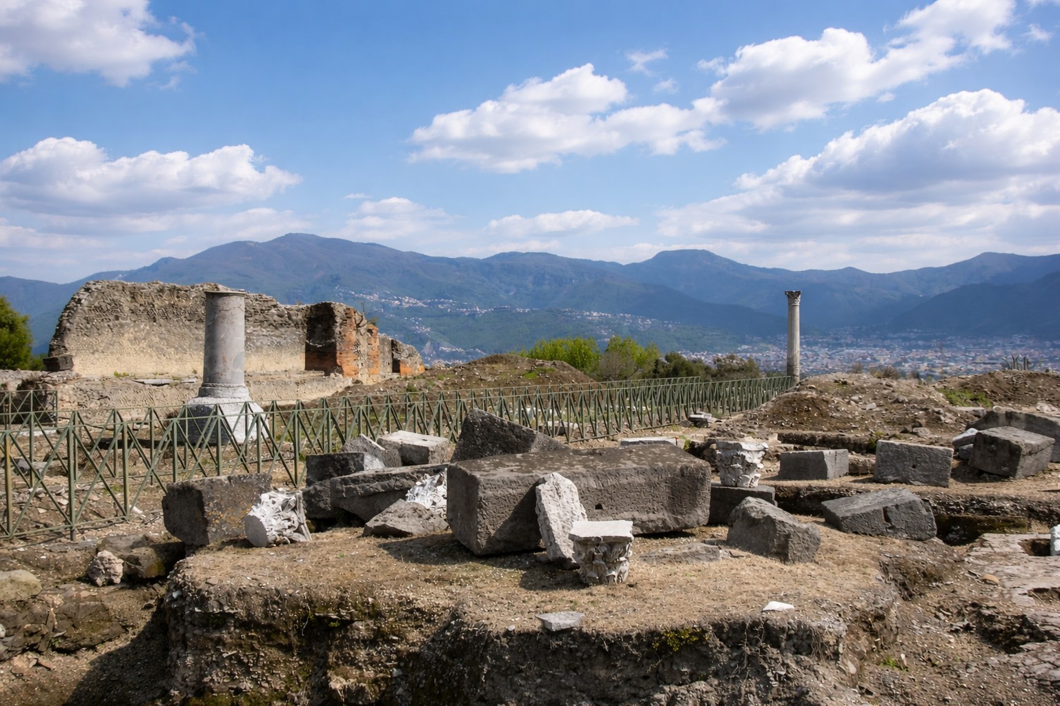 Reste des Tempio di Venere in Pompei mit verstreuten Steinblöcken und Säulenfragmenten, Blick über die Tempelterrasse auf die umliegende Landschaft und die Berge im Hintergrund