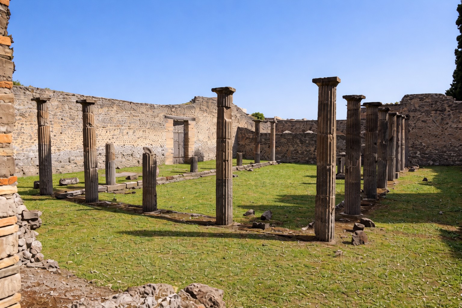 Palestra Sannitica in Pompei mit rechteckigem Hof, aufgereihten antiken Säulen und erhaltenen Umfassungsmauern, Blick über die grasbewachsene Fläche unter klarem blauem Himmel