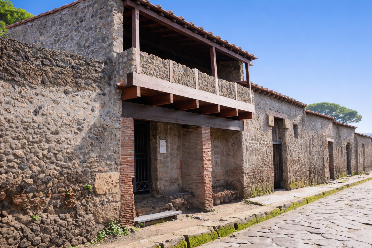 Fassade der Casa del Triclinio all'aperto in Pompei mit zweigeschossiger Steinarchitektur, hölzernem Balkon und gepflasterter Straße im Vordergrund unter klarem blauem Himmel