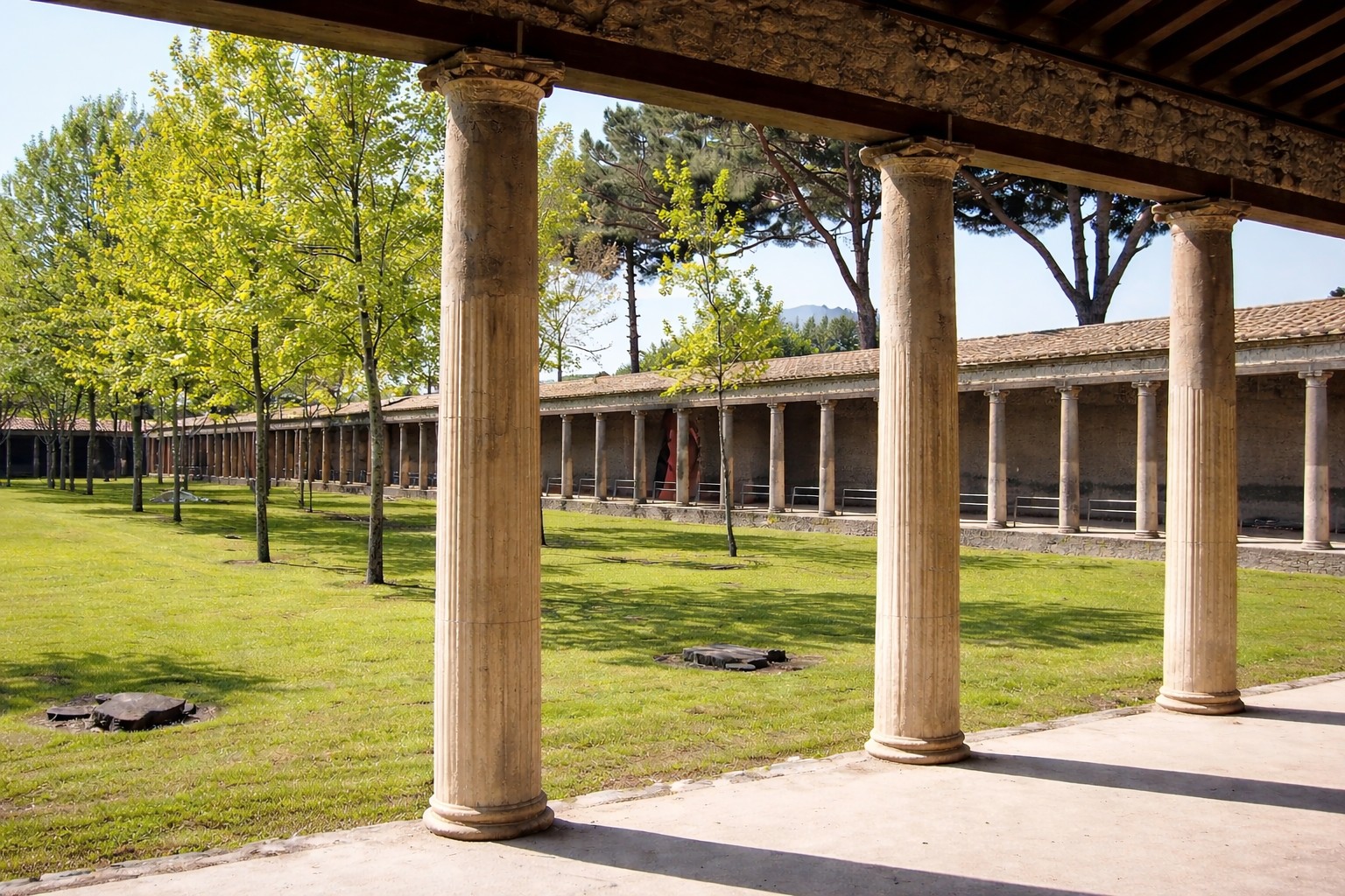 Palestra Grande in Pompei mit weitläufigem Rasenhof, umlaufender Säulenhalle und Blick durch die antiken Säulen auf die Portikus und Pinien im Hintergrund