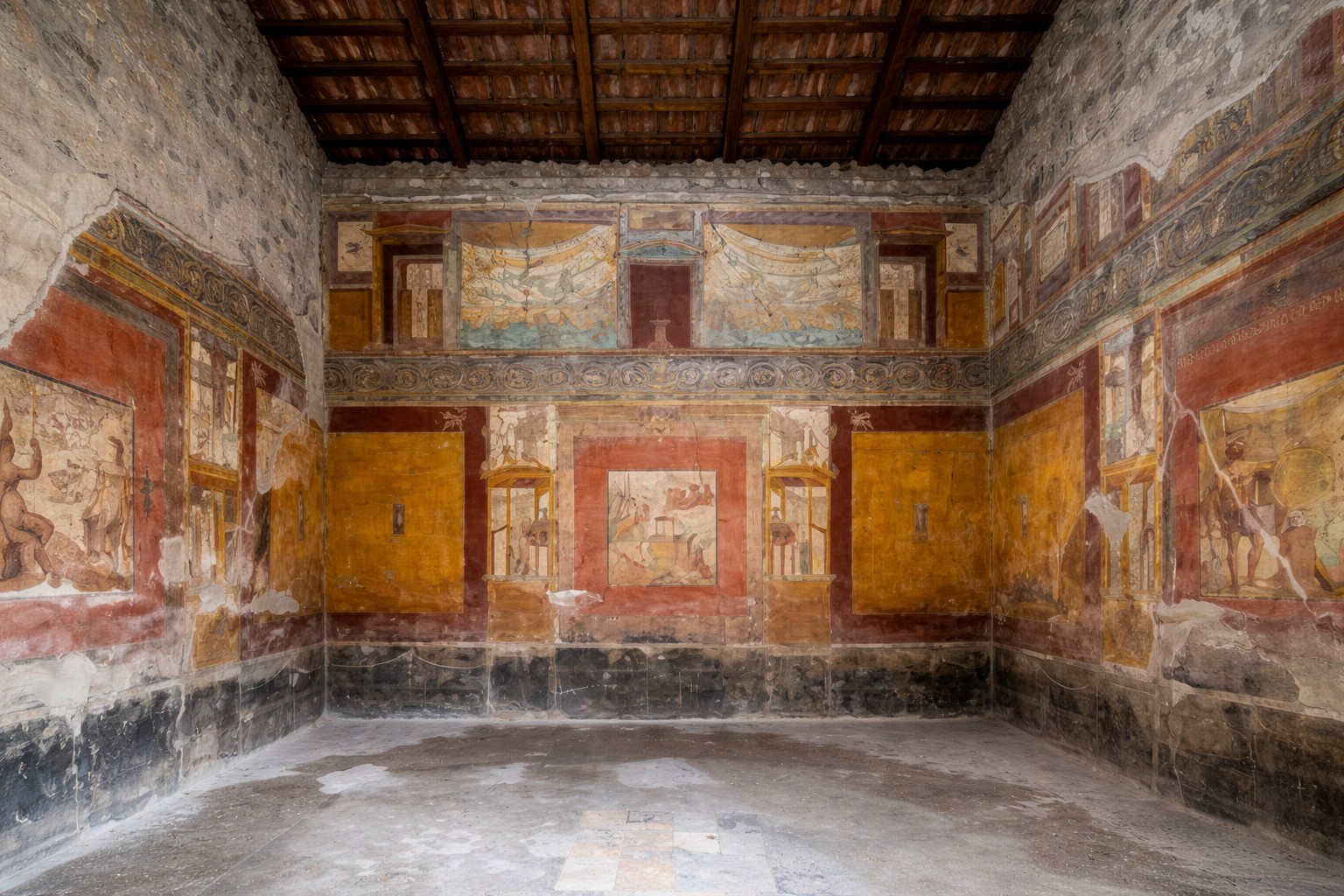 Innenraum der Casa di Sirico in Pompeji mit vollständig erhaltenen Wandmalereien des vierten pompejanischen Stils, reich verzierten mythologischen Szenen, Holzdecke und steinernem Boden