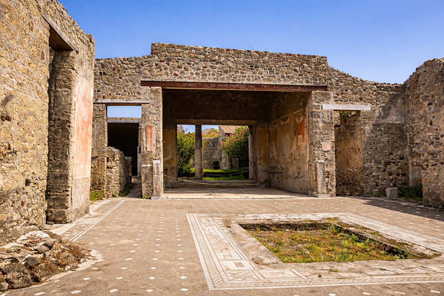 Atrium der Casa di Cecilio Giocondo in Pompei mit steinernen Umfassungsmauern, zentralem Impluvium mit Mosaikboden und Blick durch die offene Raumflucht in den sonnigen Innenhof unter blauem Himmel
