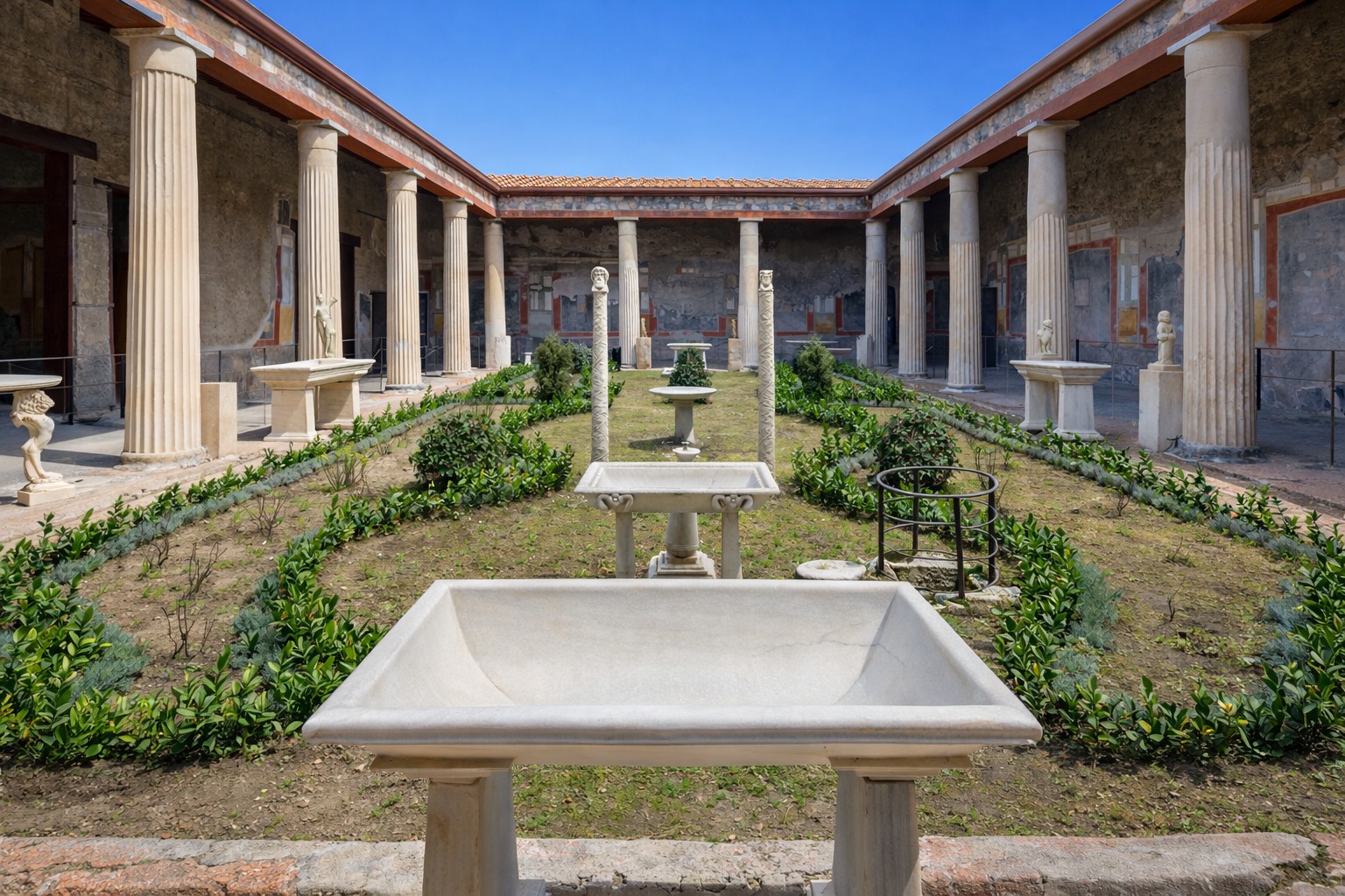 Peristylgarten der Casa dei Vettii in Pompeji mit symmetrisch angelegten Beeten, weißen Marmortischen und Brunnen, umlaufenden Säulenhallen, antiken Statuen und farbigen Wandmalereien unter klarem blauem Himmel im Sonnenschein