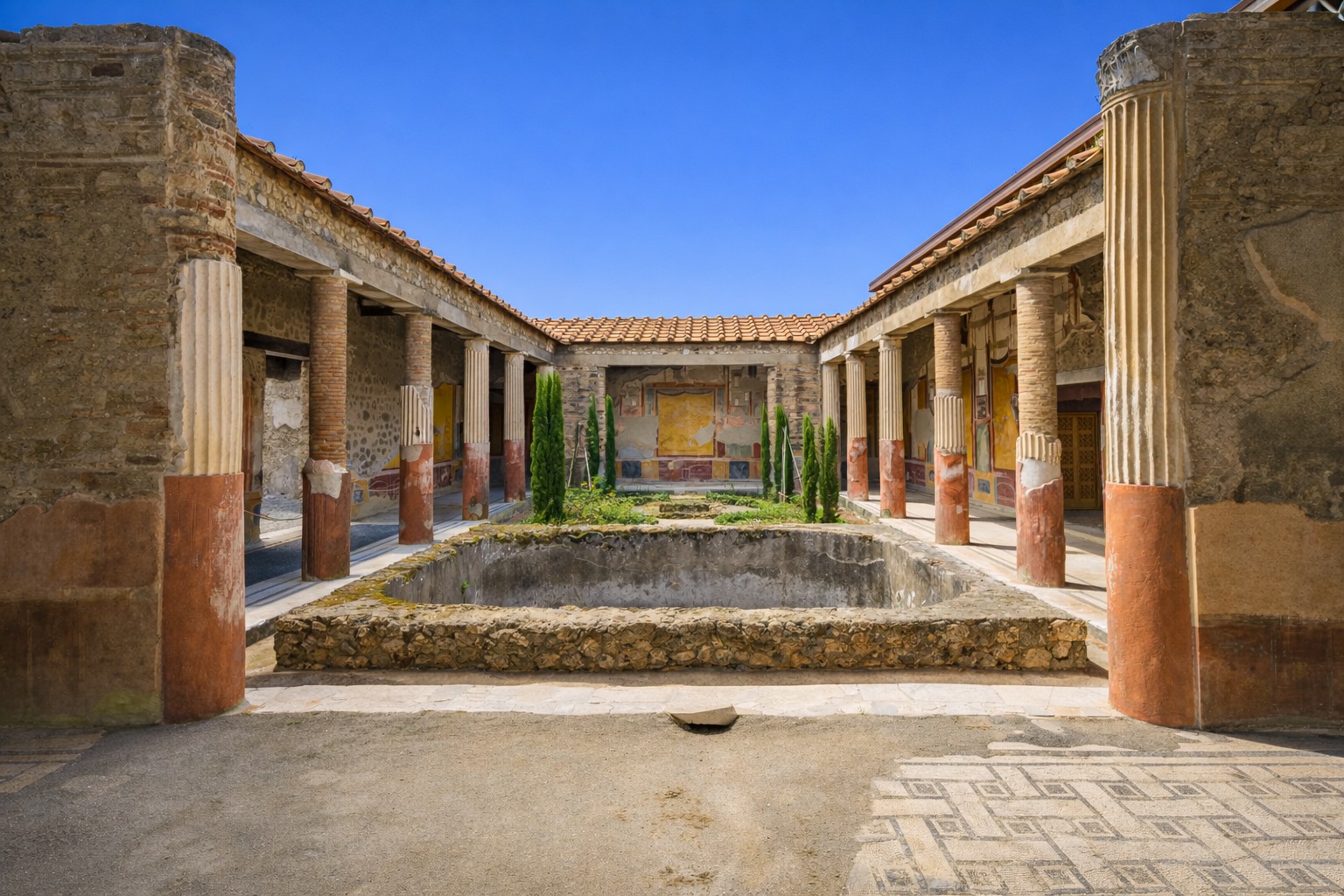 Peristylhof der Casa dei Dioscuri in Pompeji mit zentralem rechteckigem Wasserbecken, umlaufenden Säulenhallen, erhaltenen Wandmalereien und Steinmosaiken, aufgenommen bei klarem blauem Himmel und hellem Sonnenschein