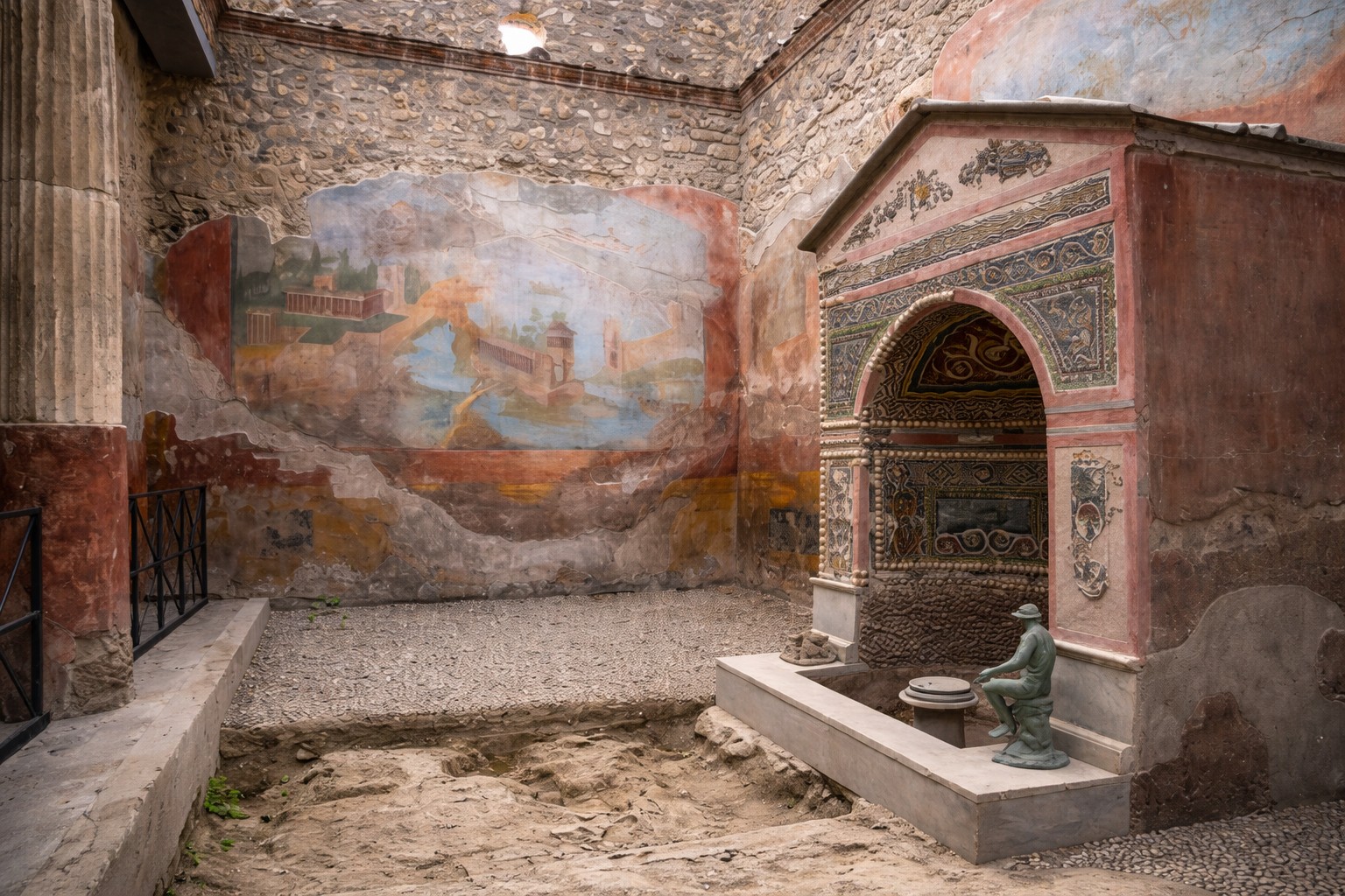 Innenhof der Casa della Fontana Piccola in Pompeji mit reich verziertem Nymphäum, farbigen Wandmosaiken, kleiner Bronzestatue, antiken Wandfresken und freigelegtem Bodenbereich, umgeben von steinernen Mauern