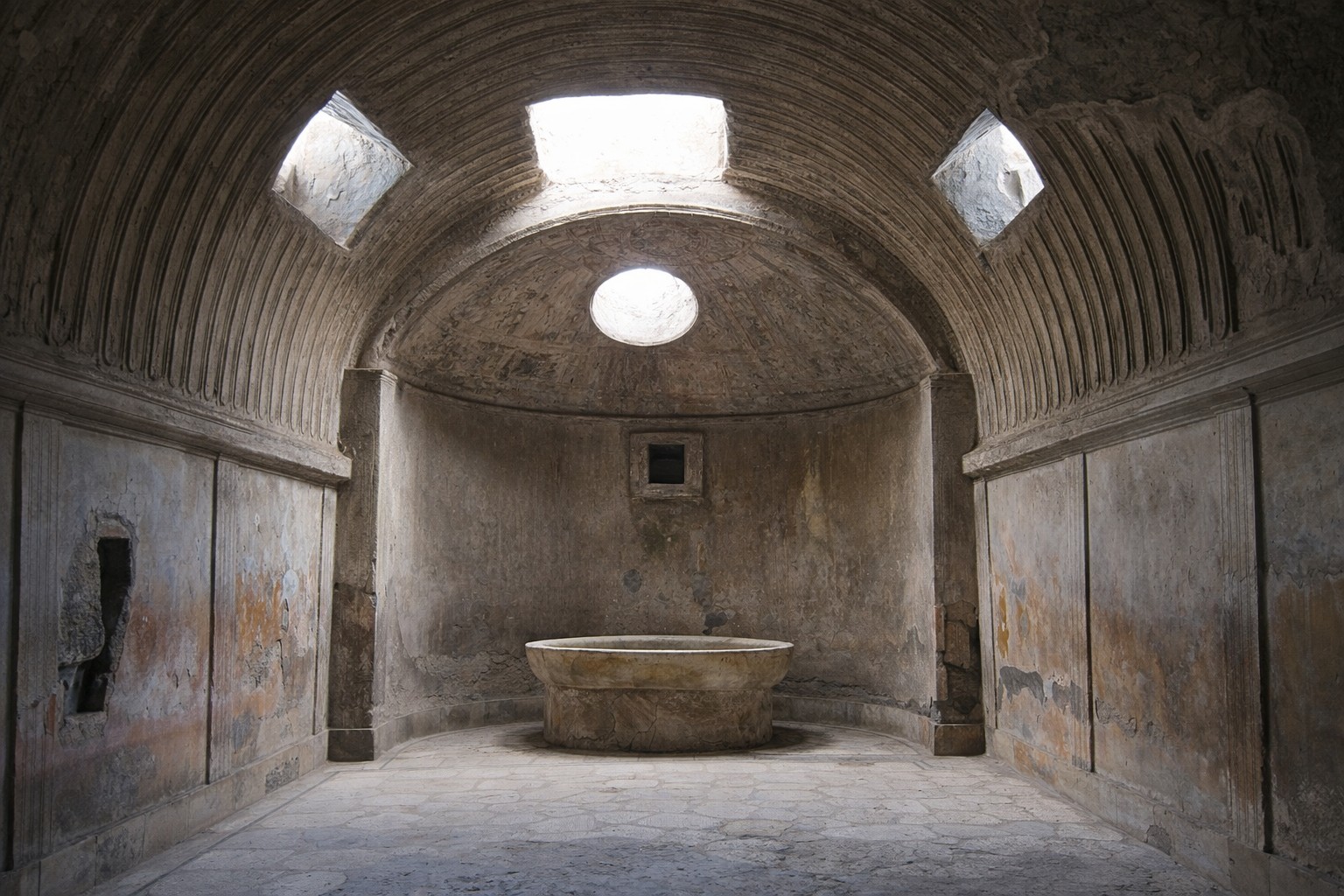 Innenraum der Terme del Foro in Pompeji mit tonnengewölbter Decke, zentralem steinernem Badebecken, rundem Deckenokulus und patinierten Wandflächen, gleichmäßig ausgeleuchtet mit natürlichem Tageslicht