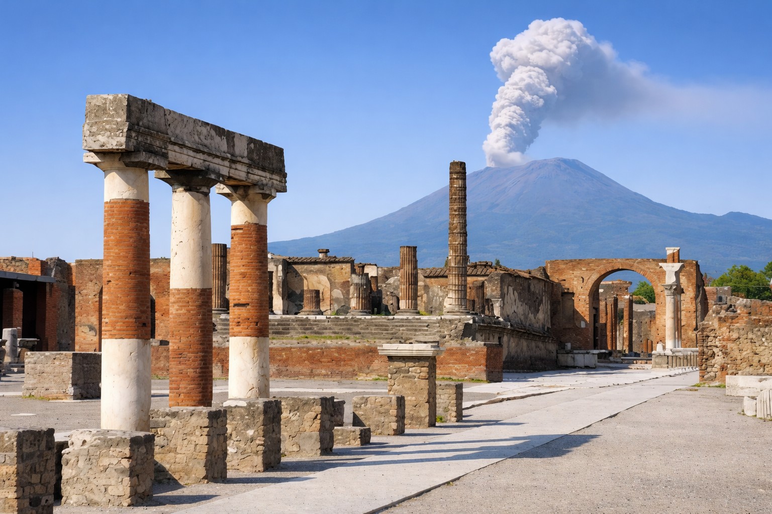Forum von Pompeji bei klarer Sicht mit antiken Säulen und Ruinen im Vordergrund, im Hintergrund der Vesuv mit aufsteigender Rauchsäule unter blauem Himmel und hellem Sonnenschein
