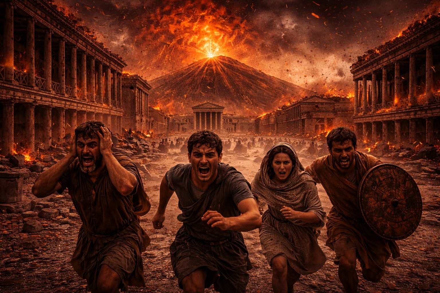 Das antike Forum von Pompeji zur zeit des Vulkanausbruches. Rauch und Asche regnet vom Himmel. Die Gebäude brennen. Menschen sind auf der Flucht.