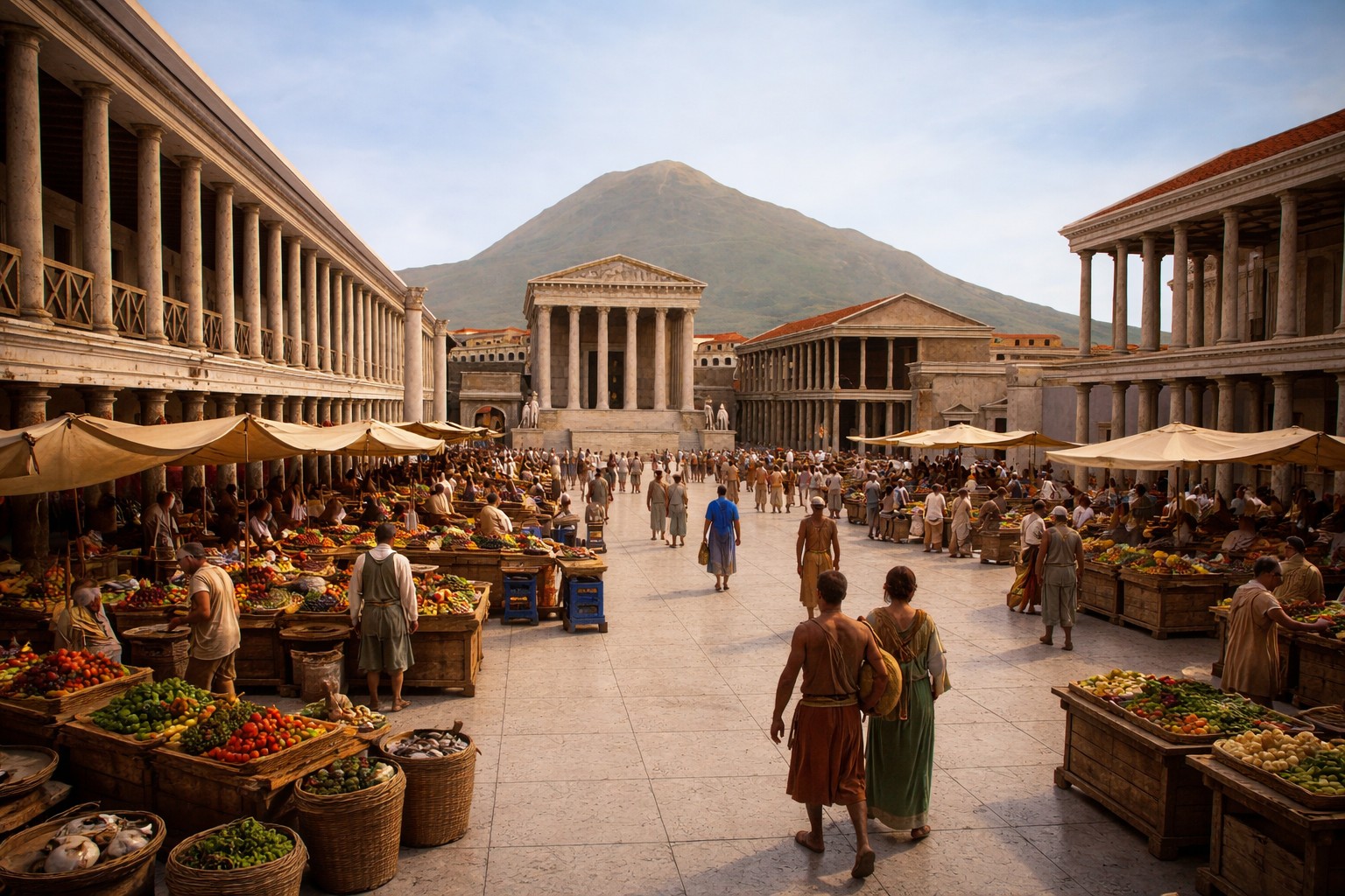 Das antike Forum von Pompeji zur Zeit der Römer als Marktplatz. Körbe und Tische mit Obst und Gemüse werden angeboten. Menschen laufen umher. Der Vesuv ist im Hintergrund.