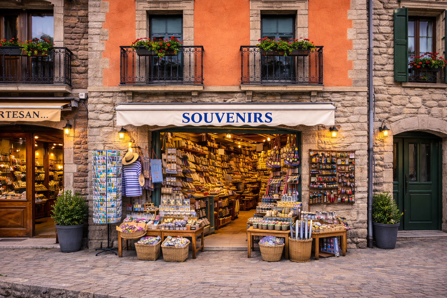 Außenansicht eines Souvenirgeschäfts in der Altstadt von Andorra la Vella in einem schmalen Reihenhaus, unten grobes Kalksteinmauerwerk und darüber orangener Putz; vor dem offenen Eingang unter einer Markise sind Postkartenständer, kleine Andenken, lokale Liköre und typische Alpen-Souvenirs ausgestellt, darüber schmiedeeiserne Balkone mit Blumenkästen.