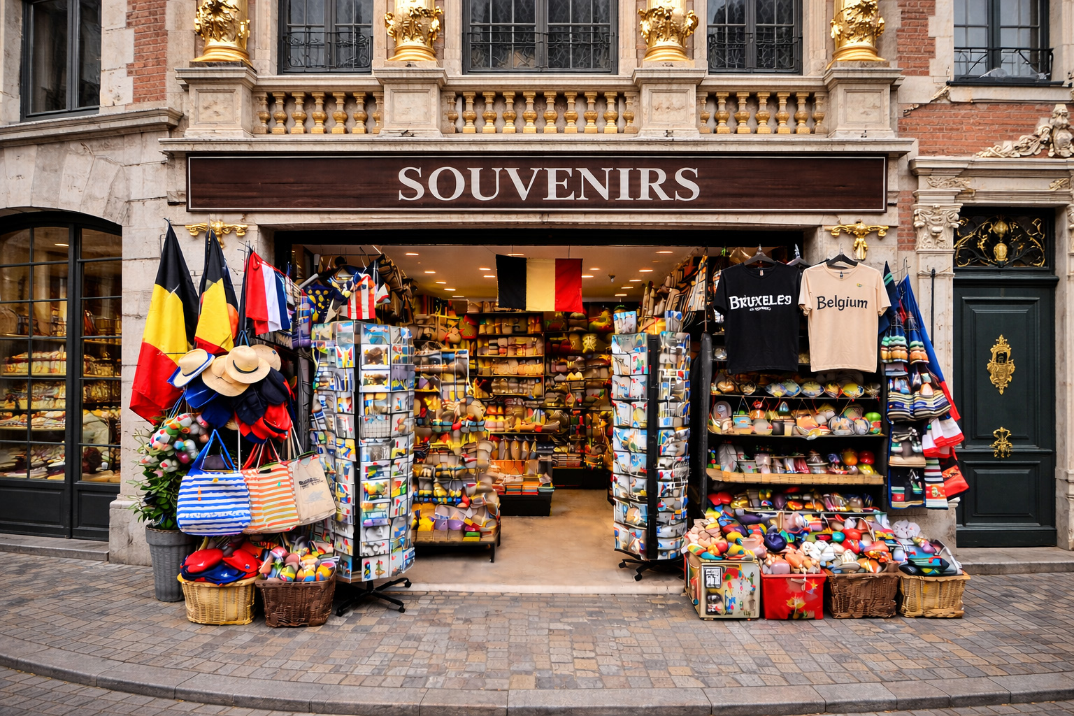 Außenansicht eines Souvenirgeschäfts in der Altstadt von Antwerpen in Zunfthausarchitektur aus Backstein mit reich verzierten Fassadenelementen und dekorativen Figuren, breitem offenen Eingang und Auslagen mit typischen Belgien-Souvenirs wie Schokoladen- und Waffelmotiven, Postkarten, Magneten, Keramik, Textilien und belgischen Flaggen