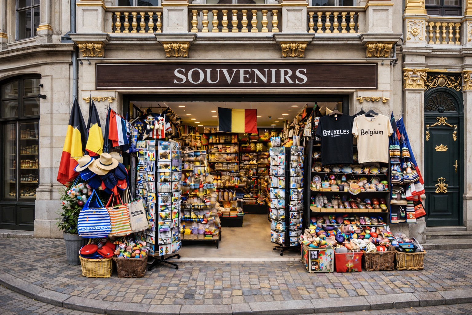 Außenansicht eines Souvenirgeschäfts in der Altstadt von Brüssel in prächtiger Zunfthausarchitektur mit aufwendig verzierten Fassadenelementen und goldenen Details, breitem offenen Eingang und Auslagen mit typischen Belgien-Souvenirs wie Schokoladen- und Waffelmotiven, Postkarten, Magneten, Keramik, Textilien und belgischen Flaggen