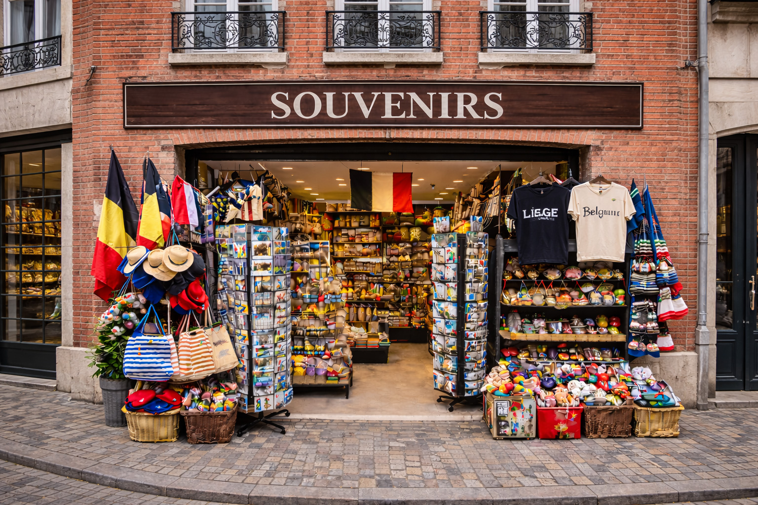 Außenansicht eines Souvenirgeschäfts in der Altstadt von Lüttich mit moderner Backsteinfassade und großen Schaufenstern, breitem offenen Eingang und Auslagen mit typischen Belgien-Souvenirs wie Postkartenständern, belgischen Flaggen, Schokoladen- und Waffelmotiven, Magneten, Keramik, Textilien und kleinen Mitbringseln